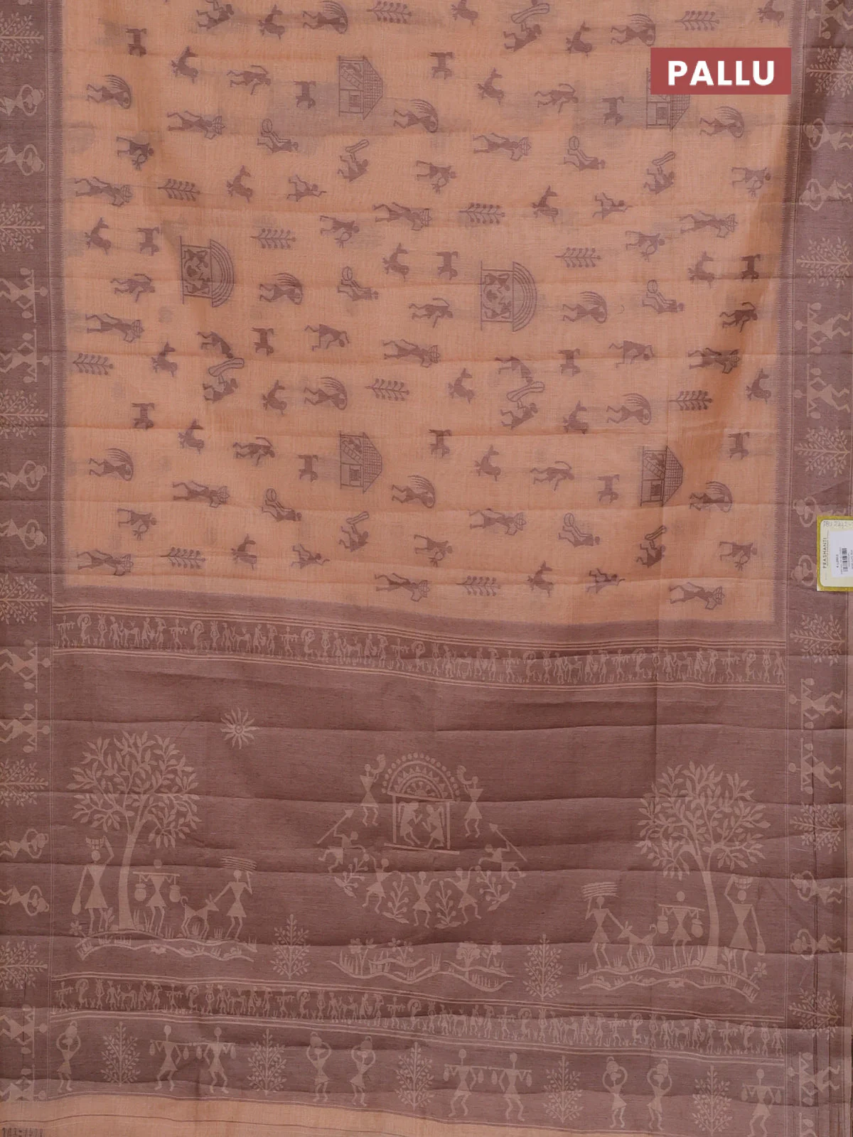 Semi jute silk saree pale orange and brown with warli thread woven buttas and warli design weaving pallu - Image 3