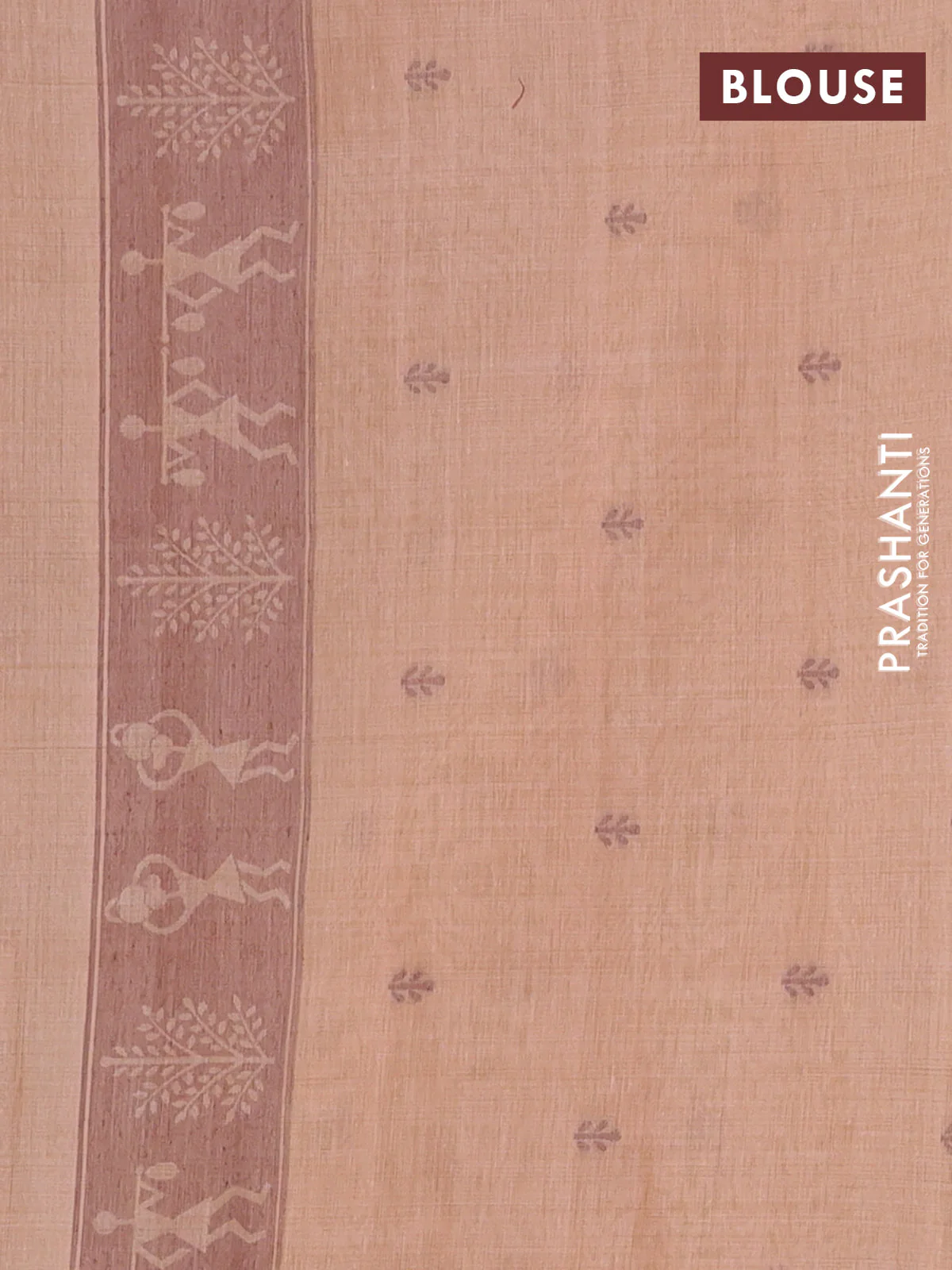 Semi jute silk saree pale orange and brown with warli thread woven buttas and warli design weaving pallu - Image 4