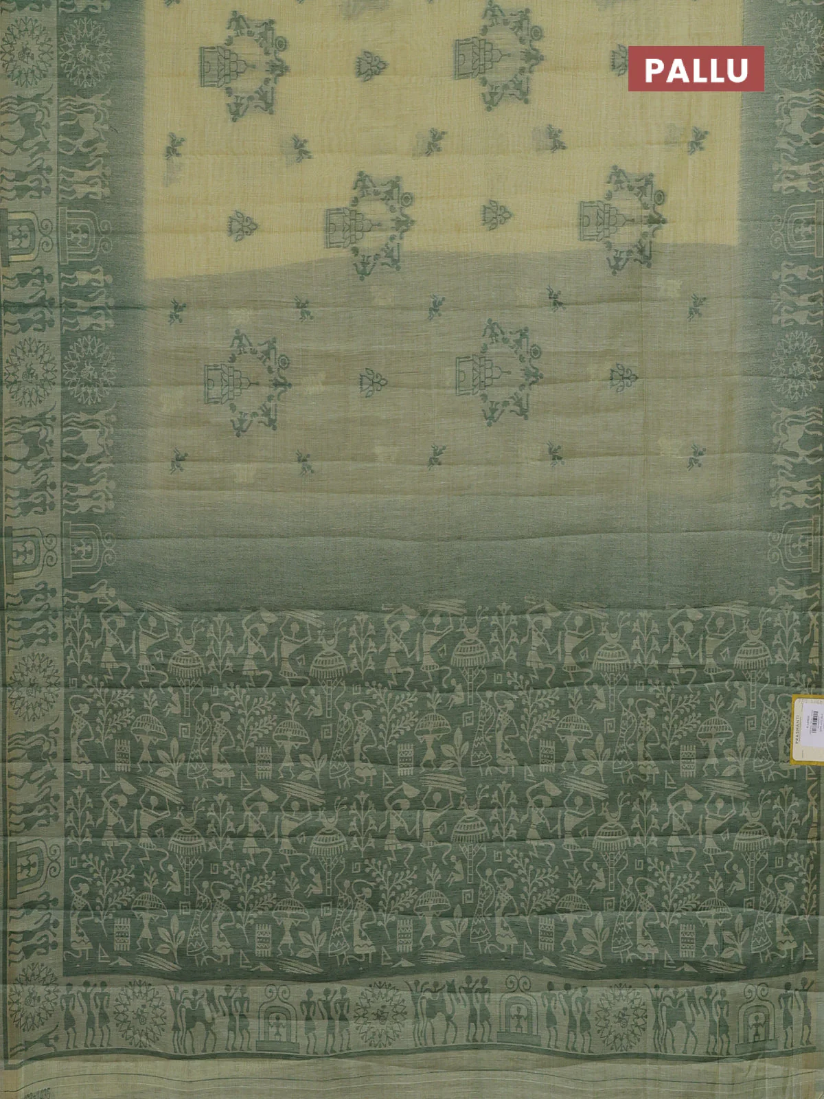 Semi jute silk saree pale yellow and green with thread woven buttas and thread woven pallu - Image 3