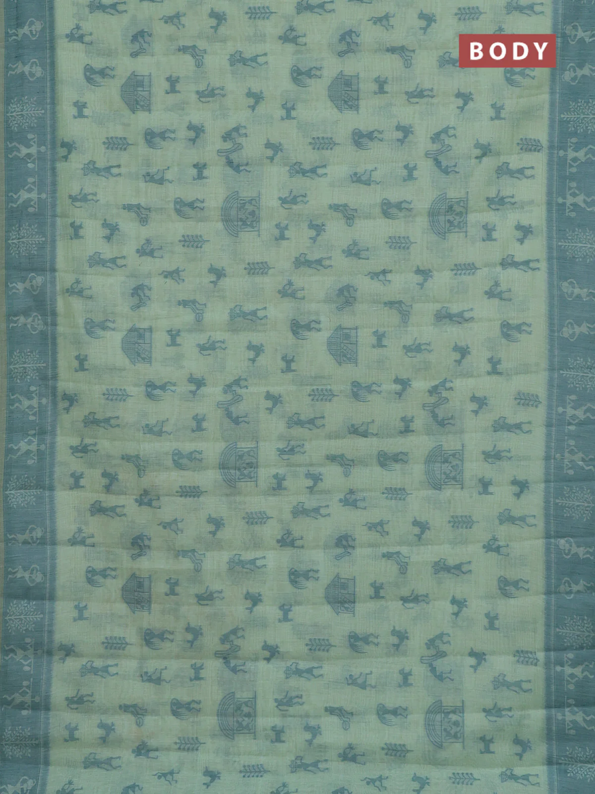 Semi jute silk saree pastel green and green with warli thread woven buttas and warli design weaving pallu - Image 2