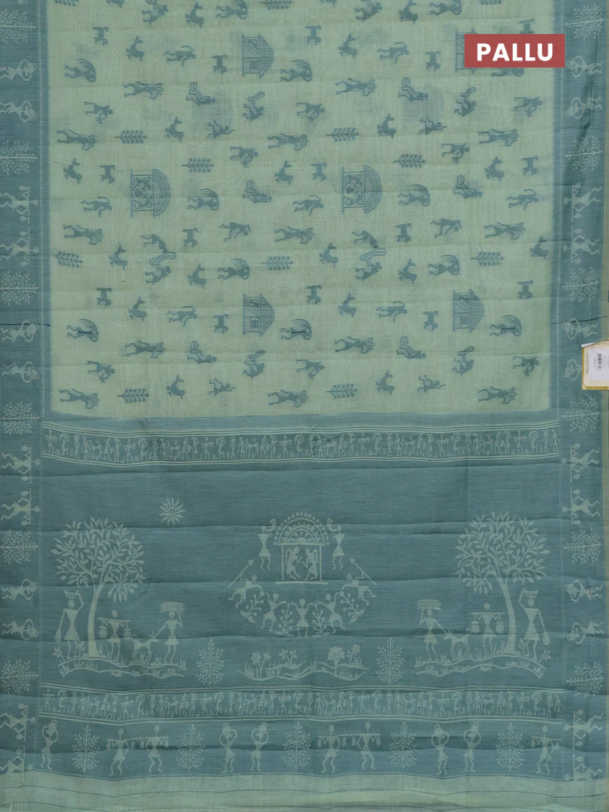 Semi jute silk saree pastel green and green with warli thread woven buttas and warli design weaving pallu - Image 3