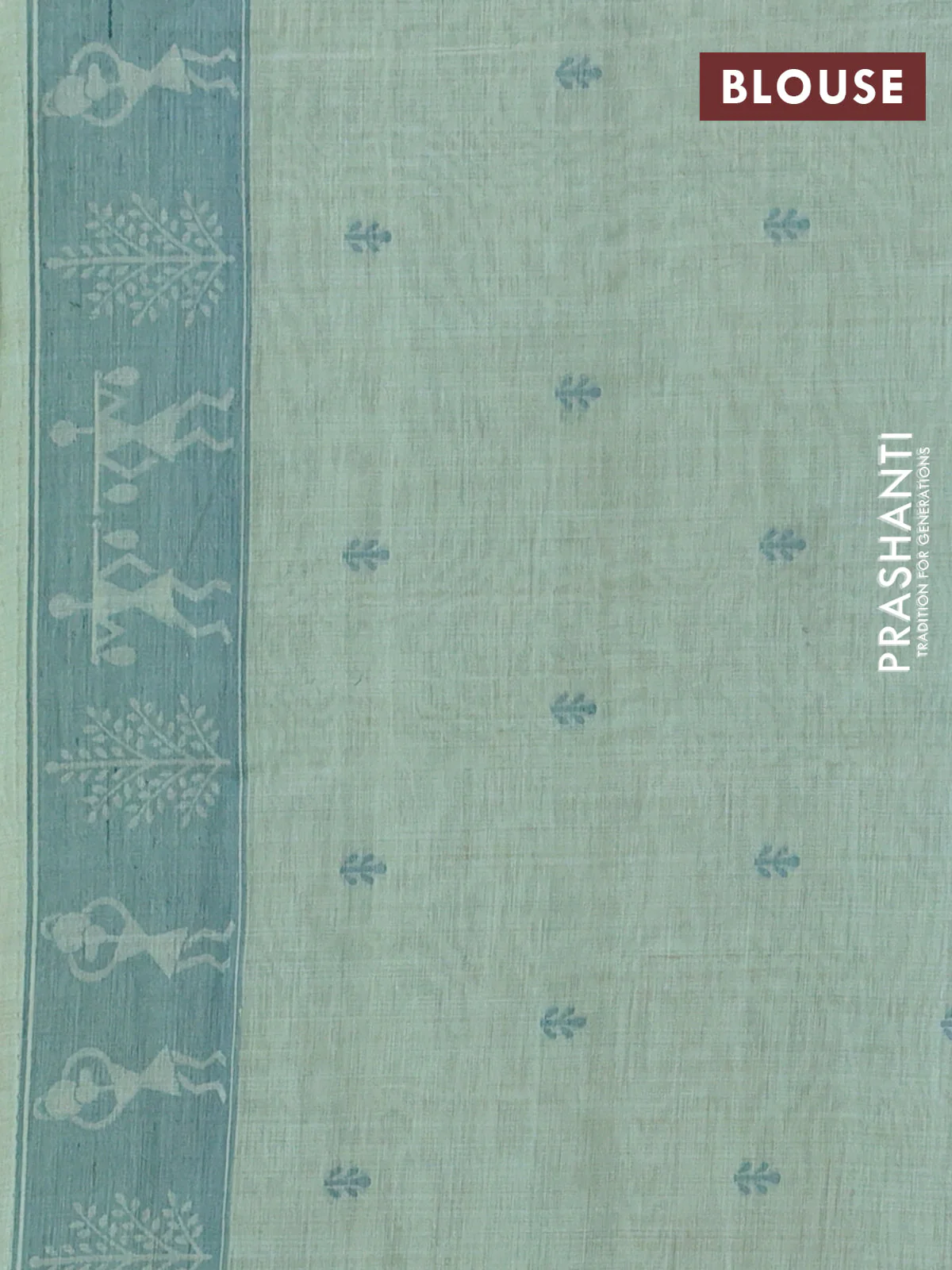 Semi jute silk saree pastel green and green with warli thread woven buttas and warli design weaving pallu - Image 4