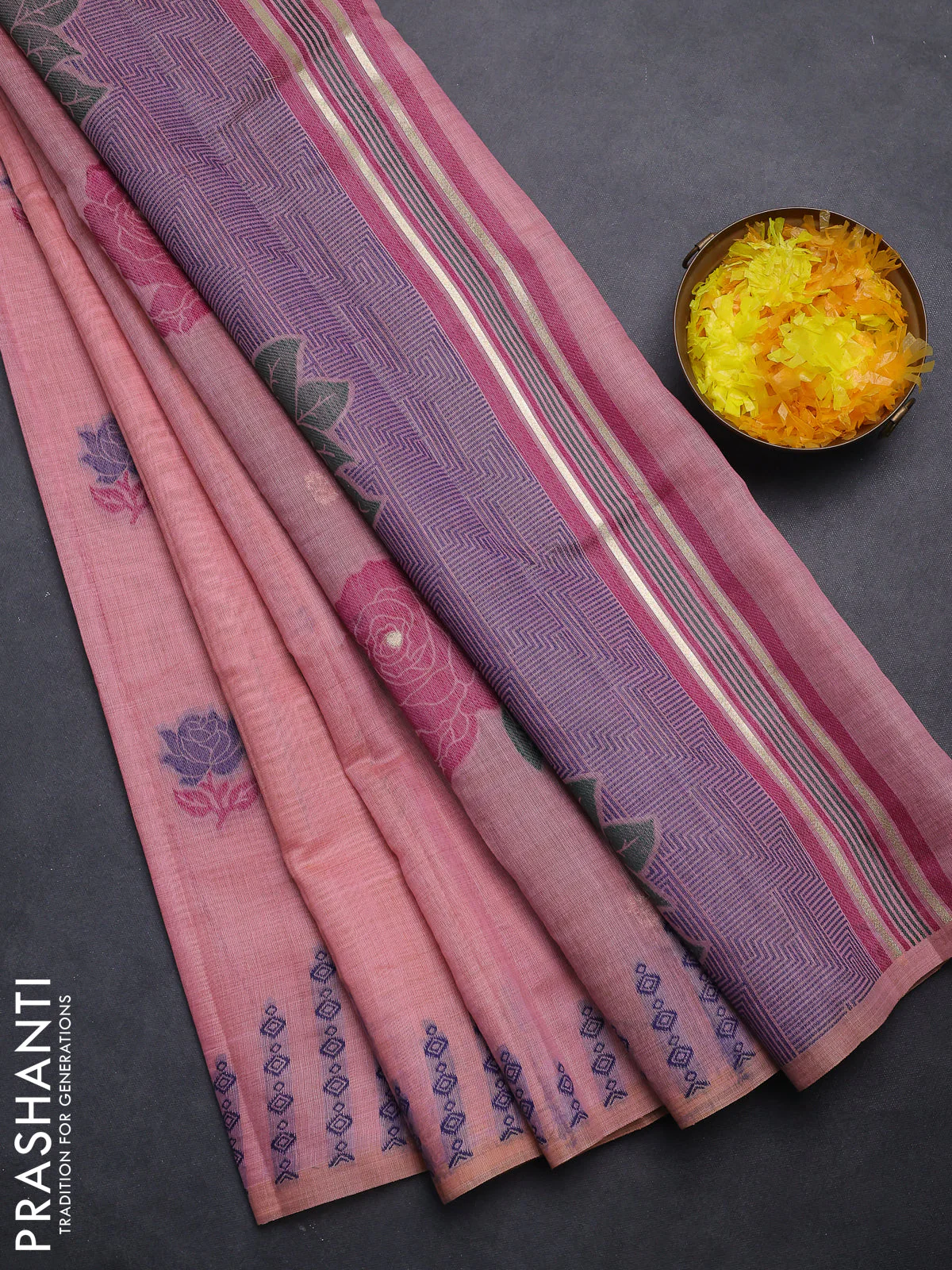 Semi jute silk saree pastel pink and wine shade with thread woven floral buttas and floral design weaving pallu