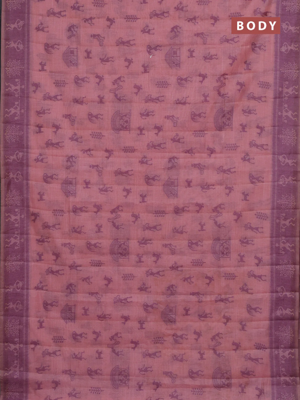 Semi jute silk saree peach pink and purple with warli thread woven buttas and warli design weaving pallu - Image 2