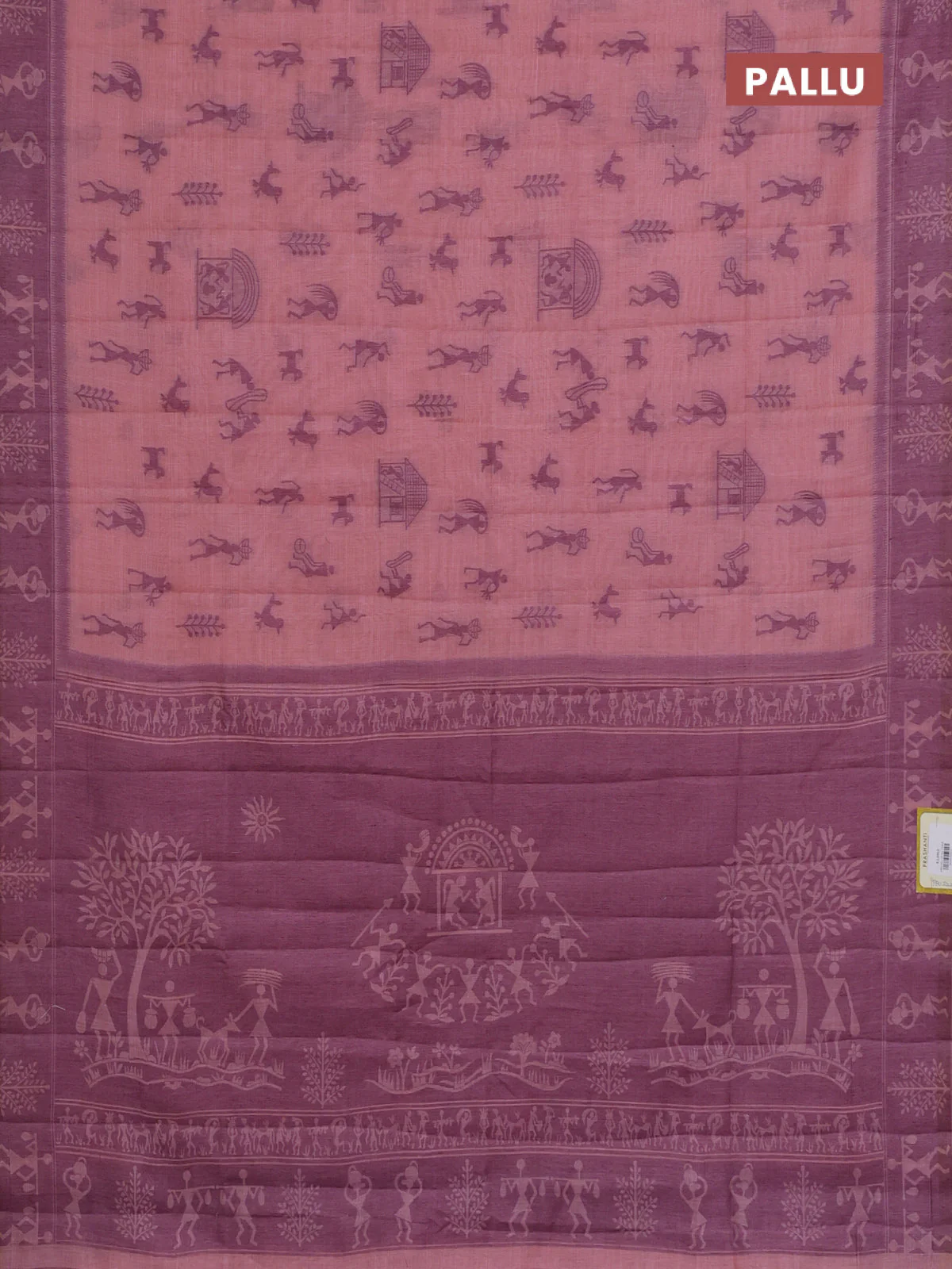 Semi jute silk saree peach pink and purple with warli thread woven buttas and warli design weaving pallu - Image 3
