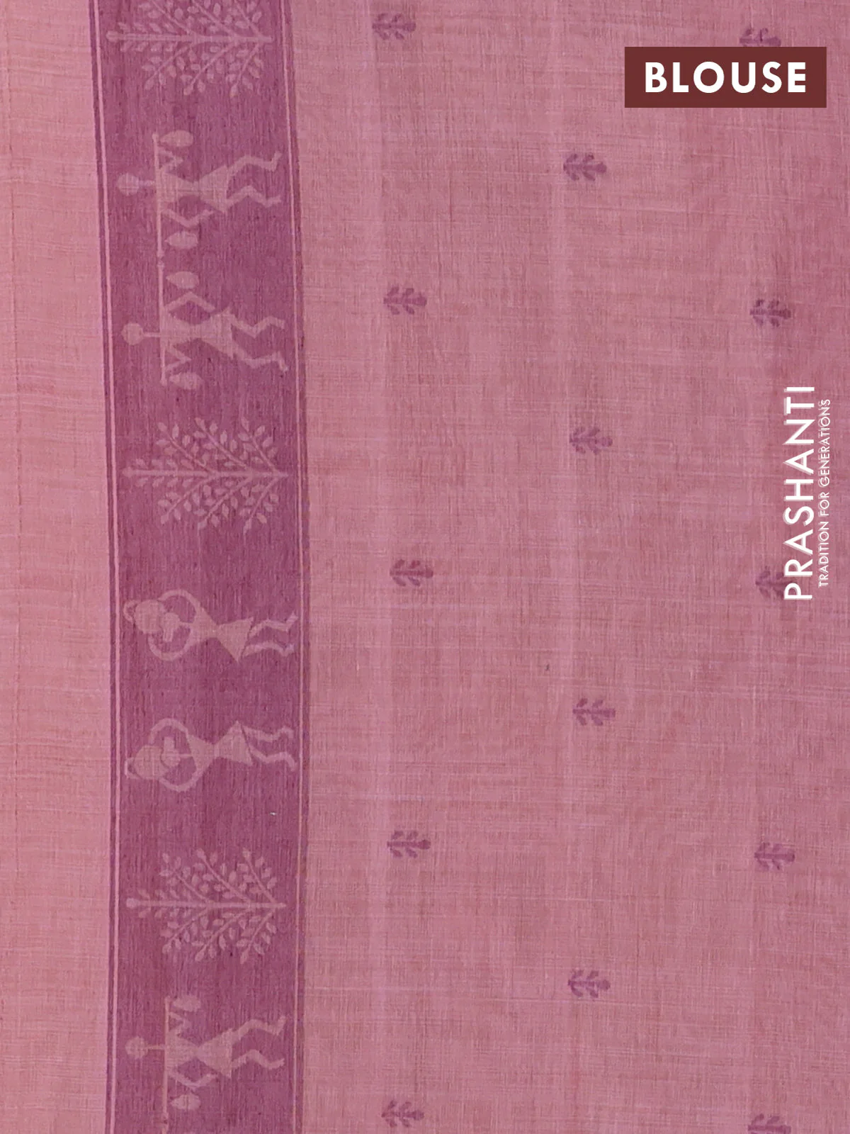 Semi jute silk saree peach pink and purple with warli thread woven buttas and warli design weaving pallu - Image 4