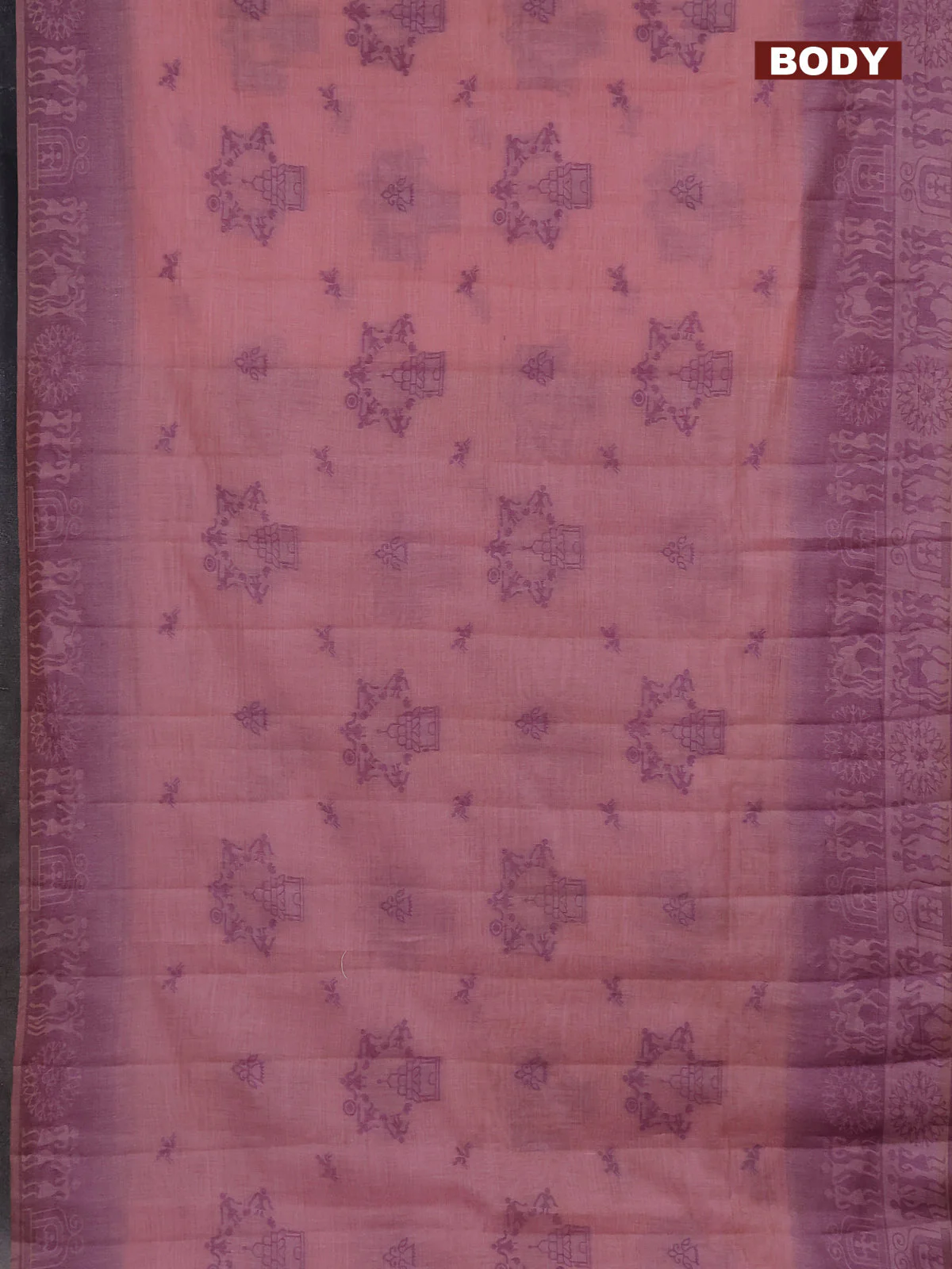 Semi jute silk saree peach pink and wine shade with thread woven buttas and thread woven pallu - Image 2