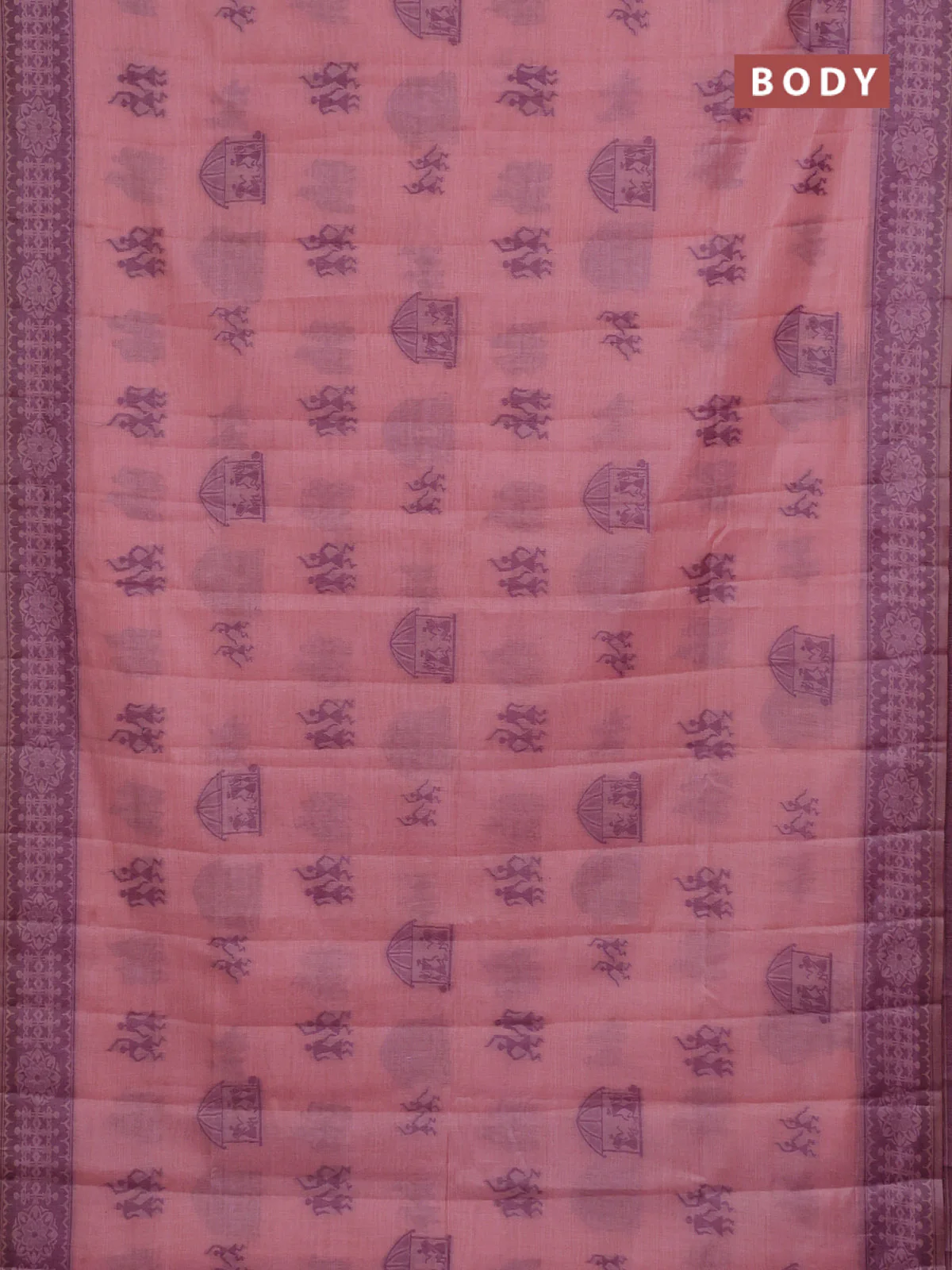 Semi jute silk saree peach pink and wine shade with thread woven warli buttas and warli design weaving pallu - Image 2