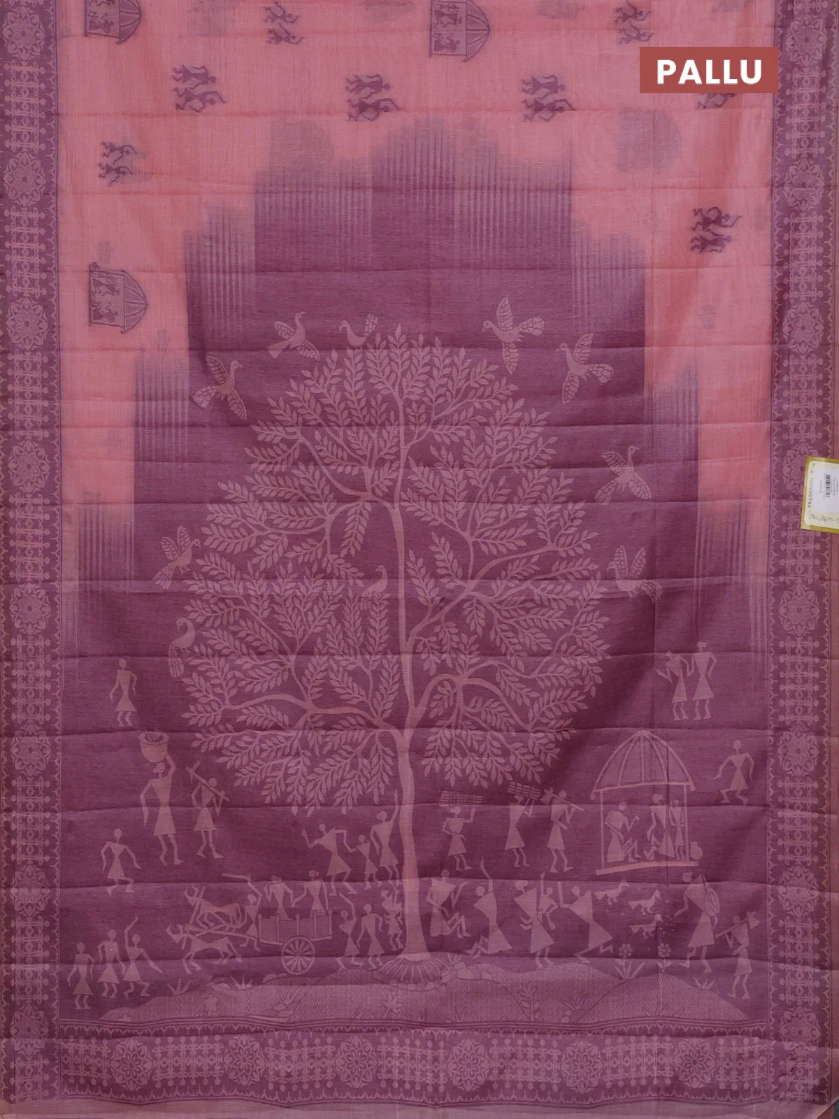 Semi jute silk saree peach pink and wine shade with thread woven warli buttas and warli design weaving pallu - Image 3