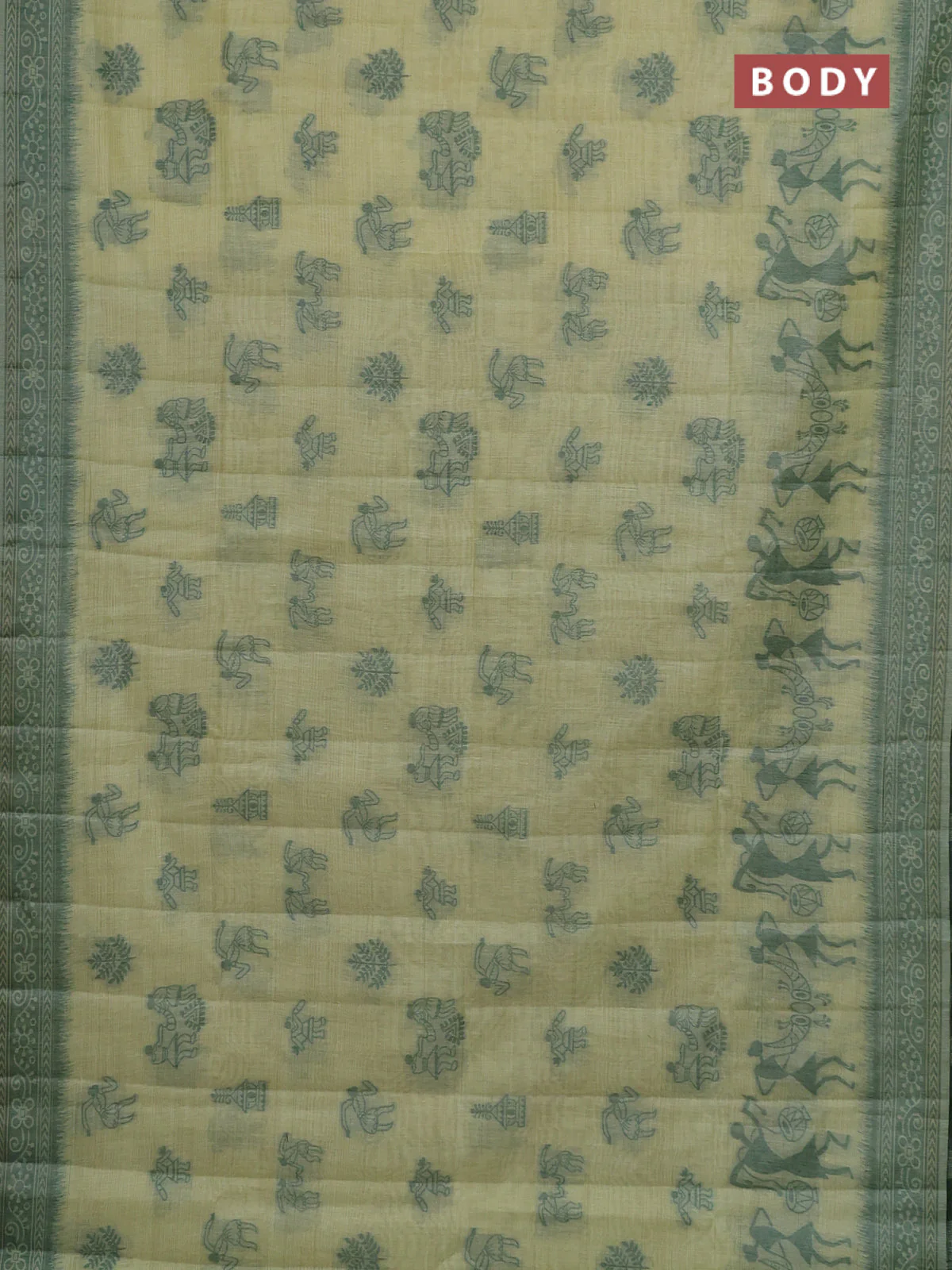 Semi jute silk saree pista green and green with thread woven buttas and warli design weaving pallu - Image 2