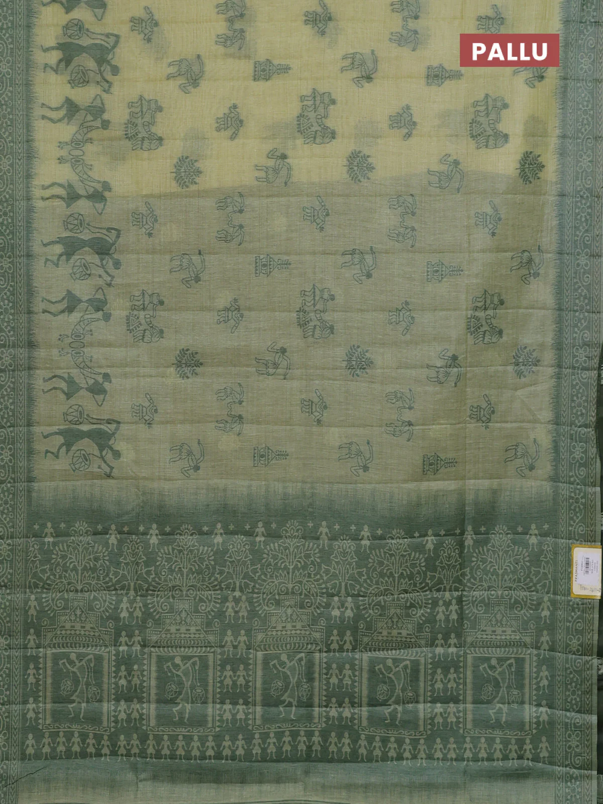 Semi jute silk saree pista green and green with thread woven buttas and warli design weaving pallu - Image 3