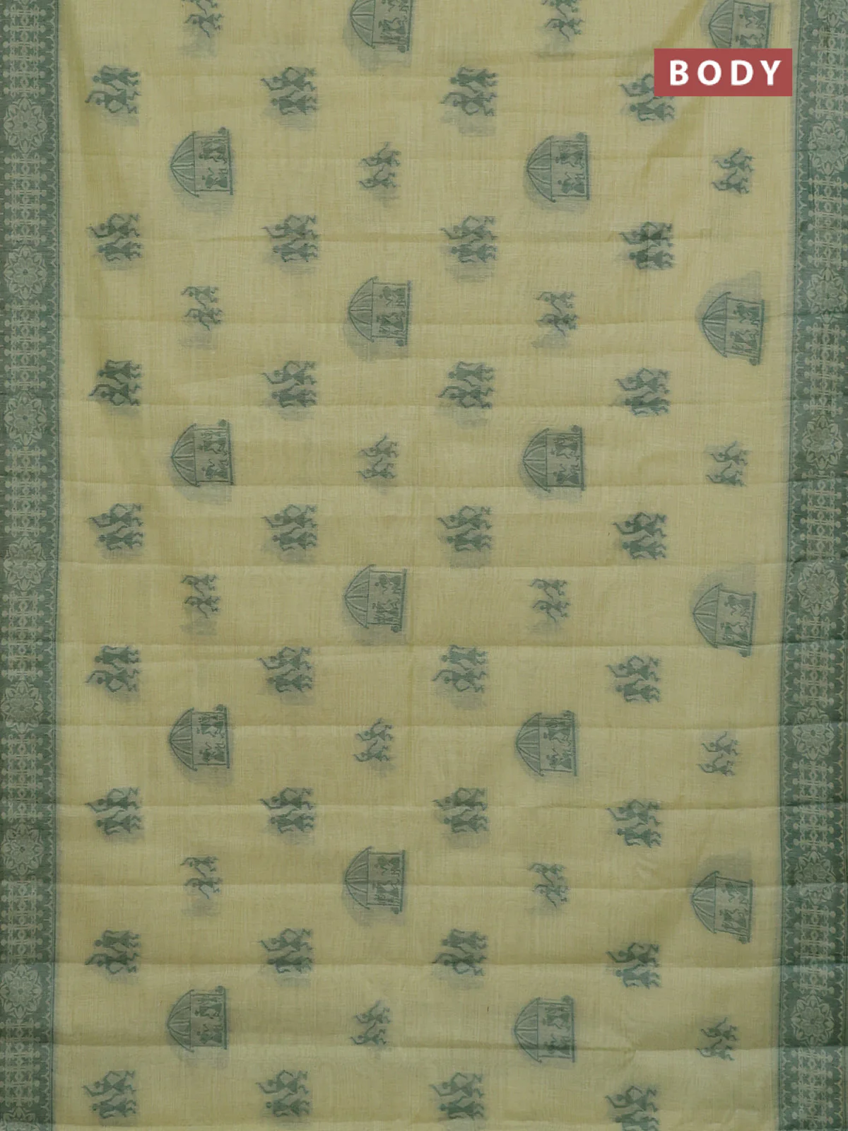 Semi jute silk saree pista green and green with thread woven warli buttas and warli design weaving pallu - Image 2