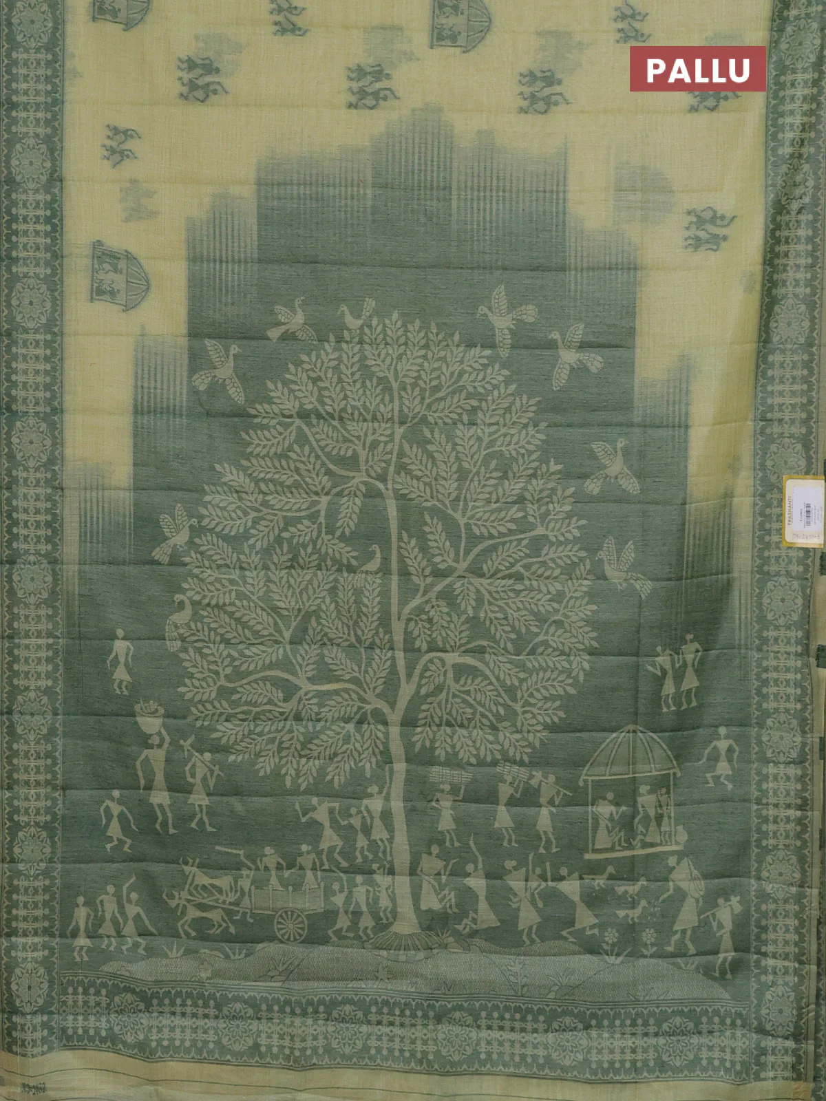Semi jute silk saree pista green and green with thread woven warli buttas and warli design weaving pallu - Image 3