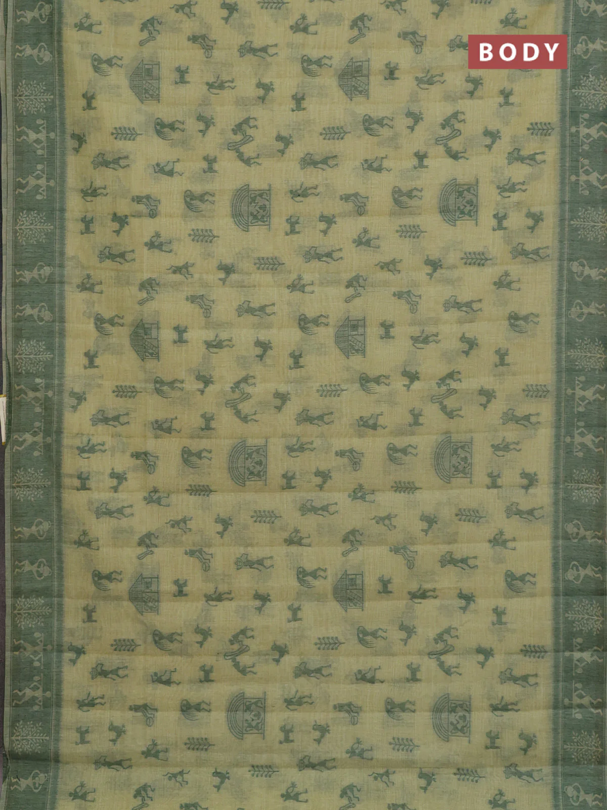 Semi jute silk saree pista green and green with warli thread woven buttas and warli design weaving pallu - Image 2