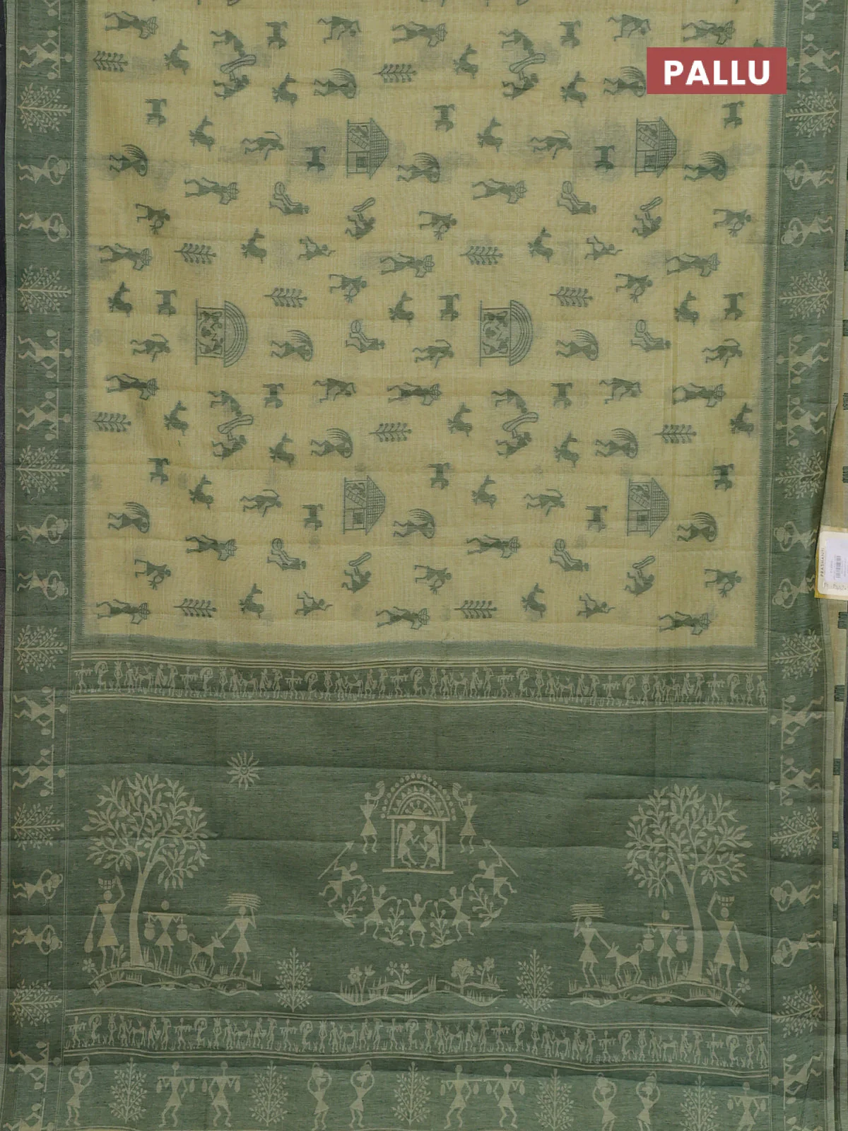 Semi jute silk saree pista green and green with warli thread woven buttas and warli design weaving pallu - Image 3