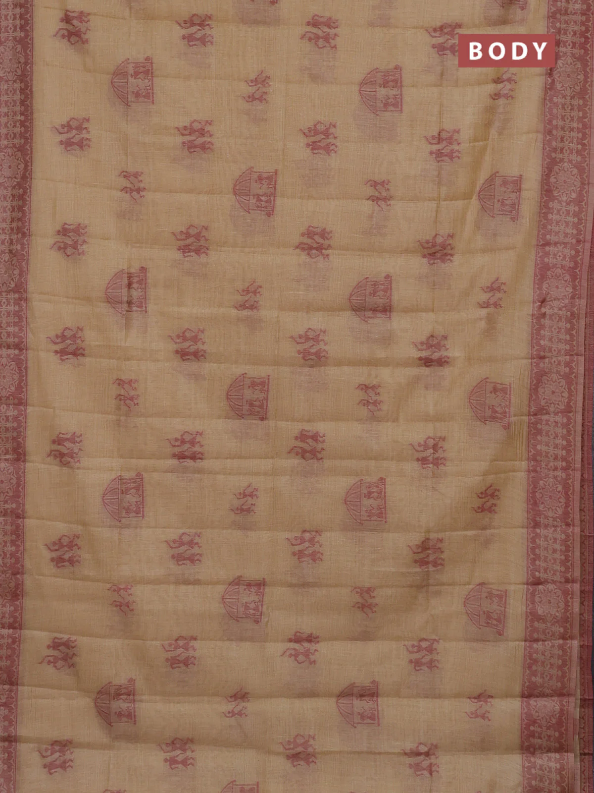 Semi jute silk saree sandal and maroon with thread woven warli buttas and warli design weaving pallu - Image 2