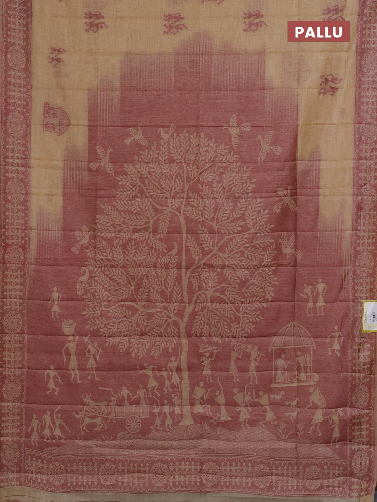 Semi jute silk saree sandal and maroon with thread woven warli buttas and warli design weaving pallu - Image 3