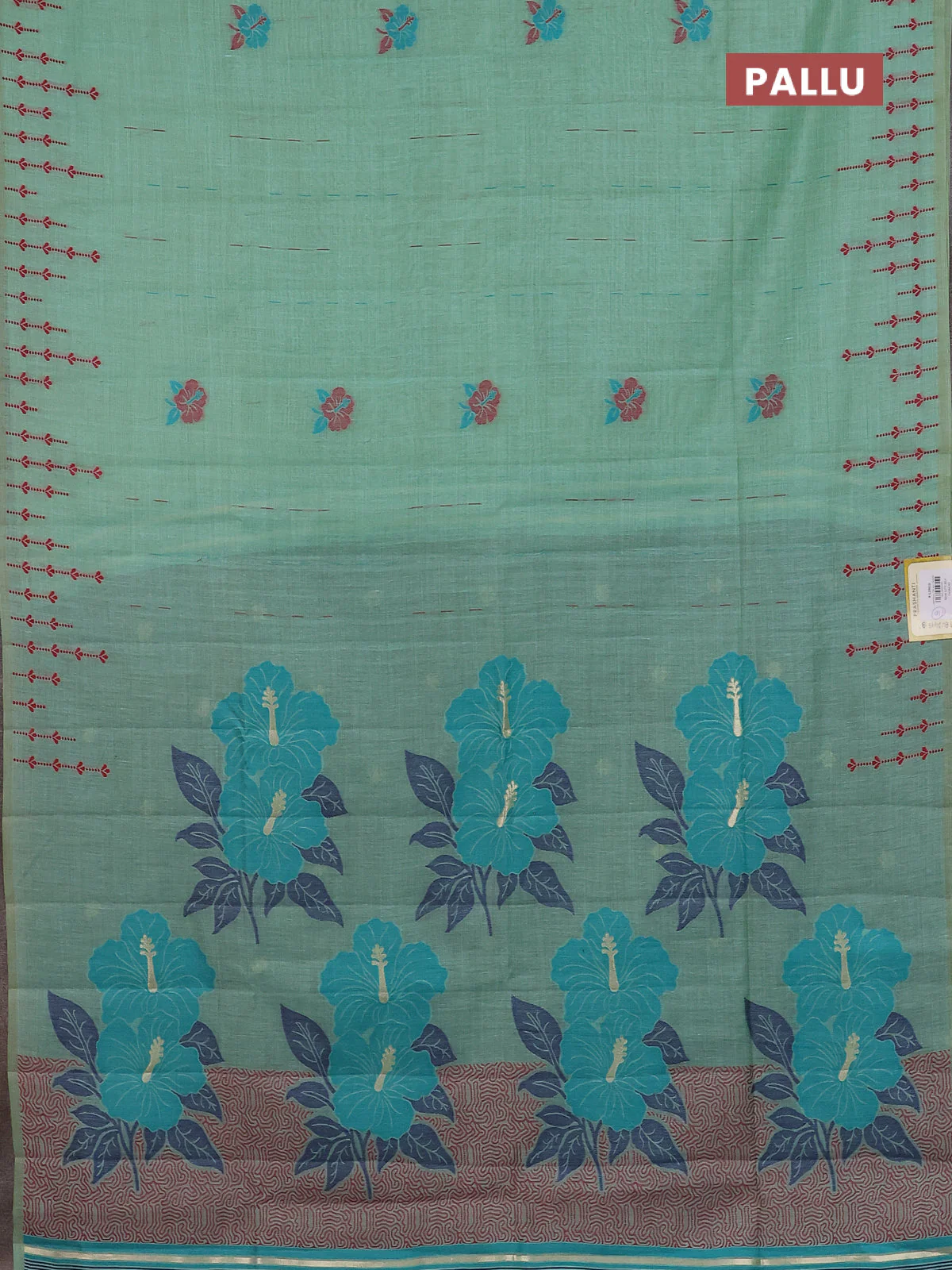 Semi jute silk saree teal green and green with thread woven buttas and floral design weaving pallu - Image 3