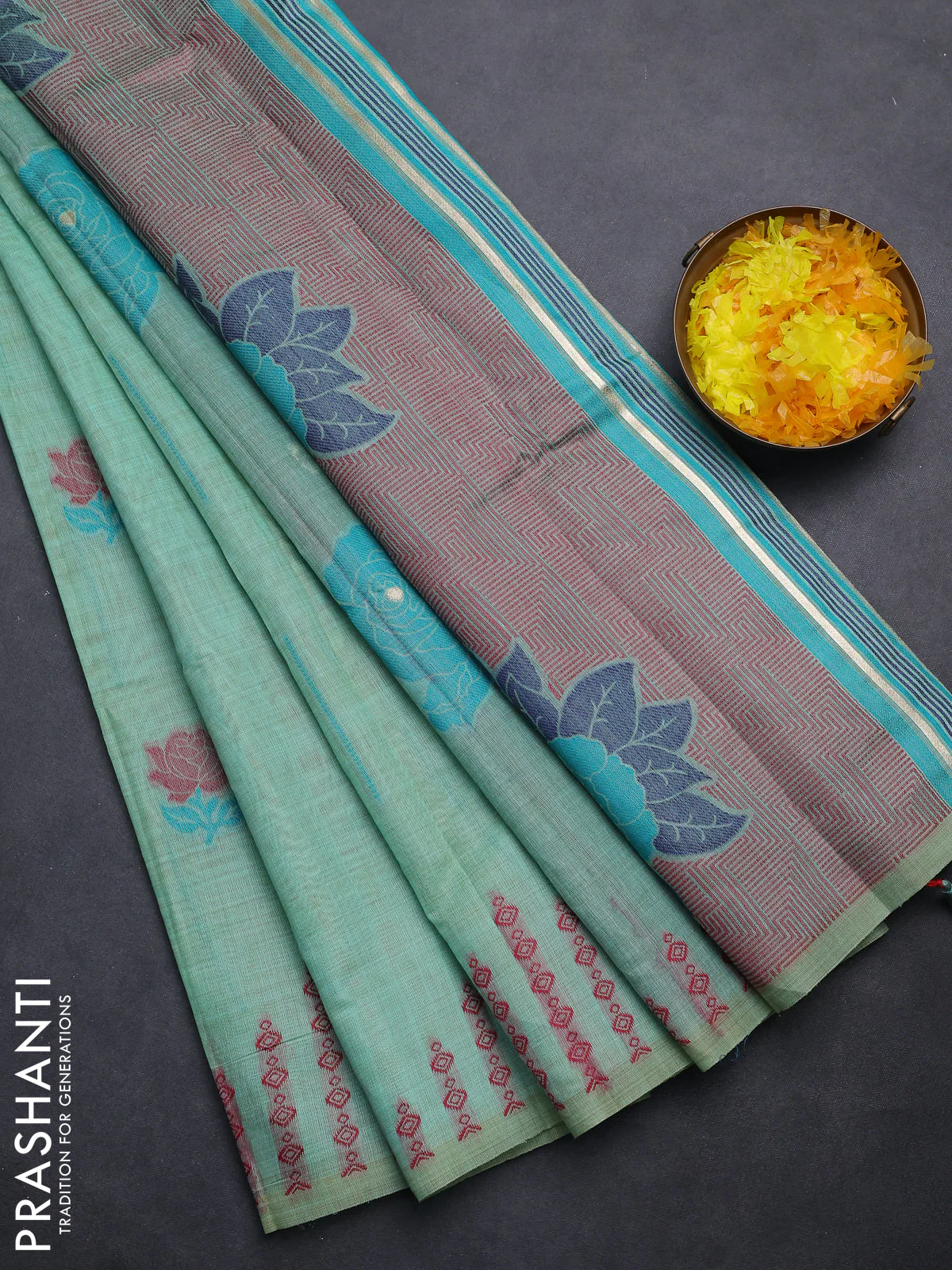 Semi jute silk saree teal green and green with thread woven floral buttas and floral design weaving pallu