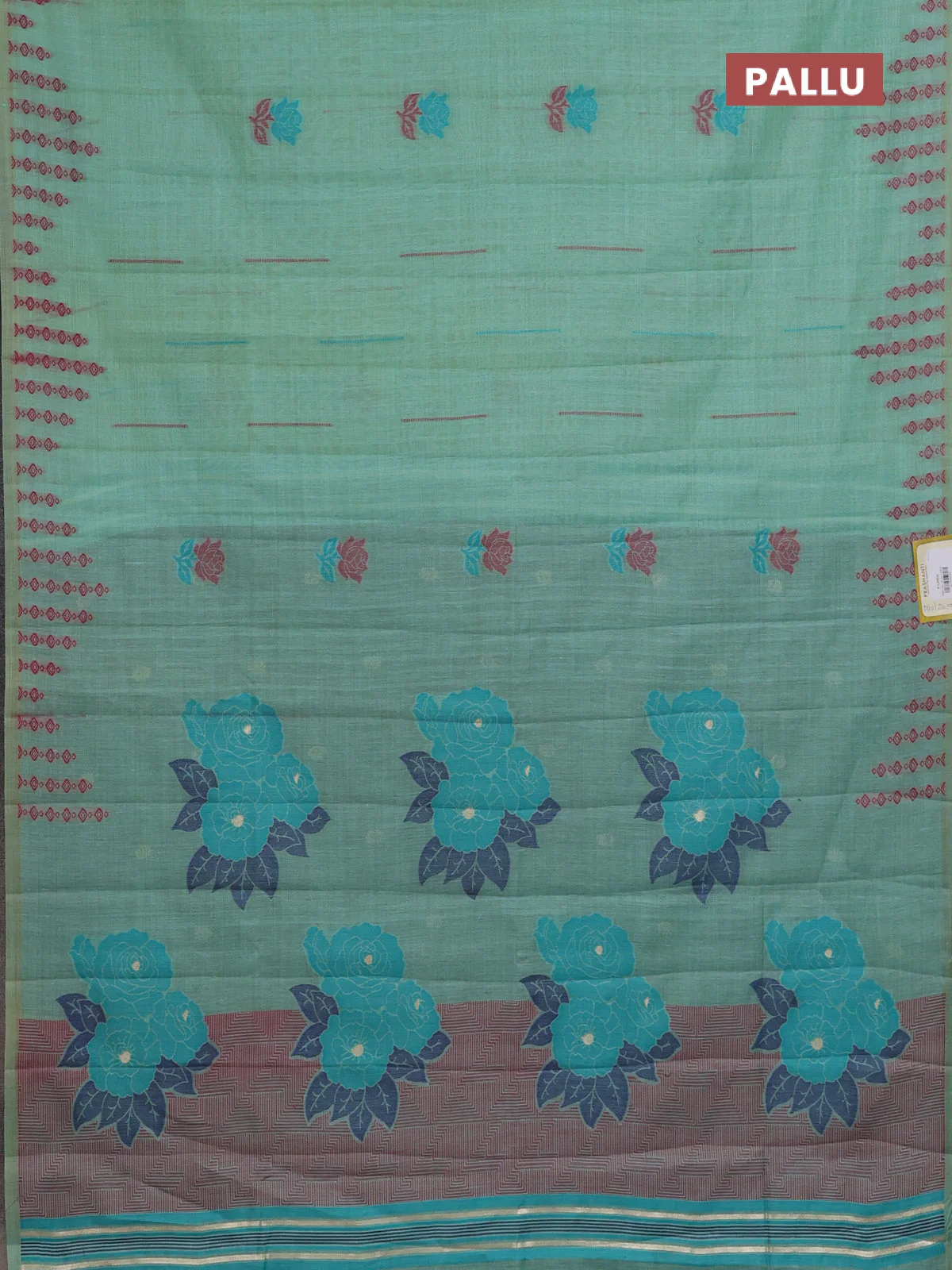 Semi jute silk saree teal green and green with thread woven floral buttas and floral design weaving pallu - Image 3
