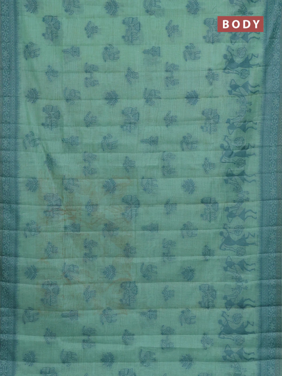 Semi jute silk saree teal green shade and peacock blue with thread woven buttas and warli design weaving pallu - Image 2