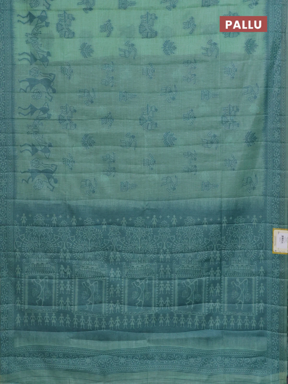 Semi jute silk saree teal green shade and peacock blue with thread woven buttas and warli design weaving pallu - Image 3