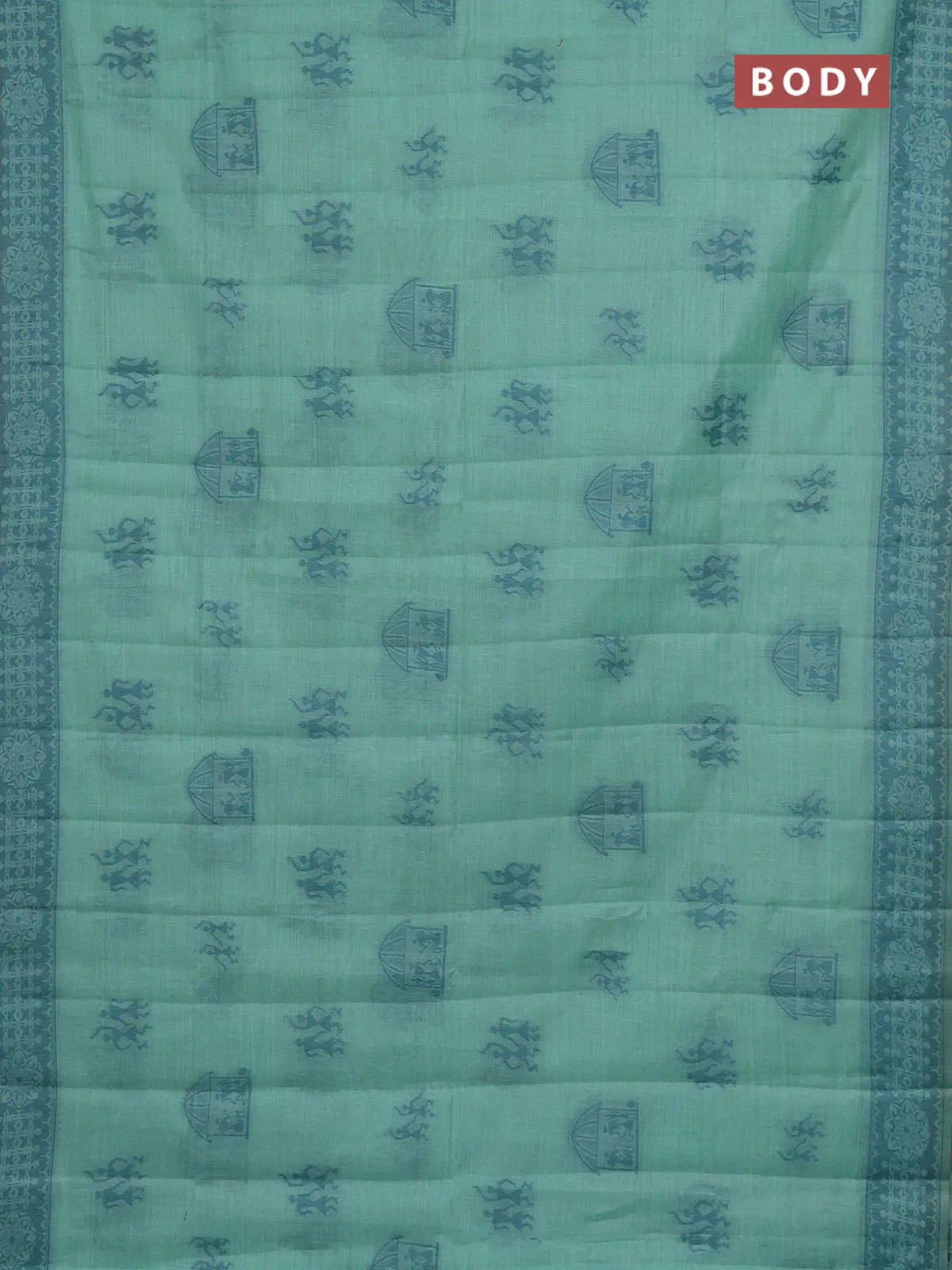 Semi jute silk saree teal green shade and peacock green with thread woven warli buttas and warli design weaving pallu - Image 2
