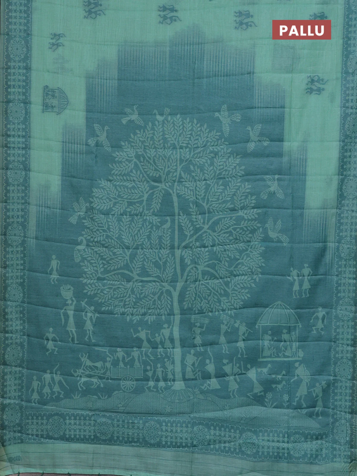 Semi jute silk saree teal green shade and peacock green with thread woven warli buttas and warli design weaving pallu - Image 3
