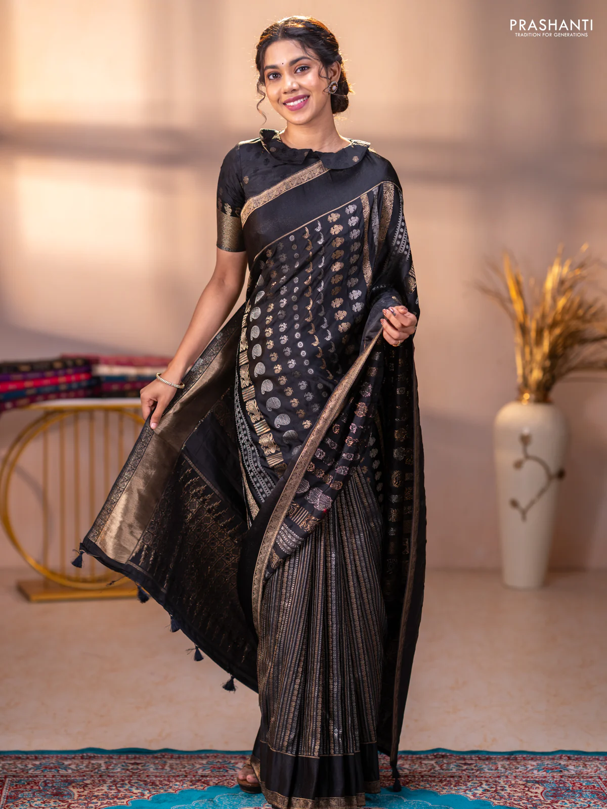 Semi kanchipuram partly saree black with allover silver & zari weaves and rettapet zari woven border - Image 2