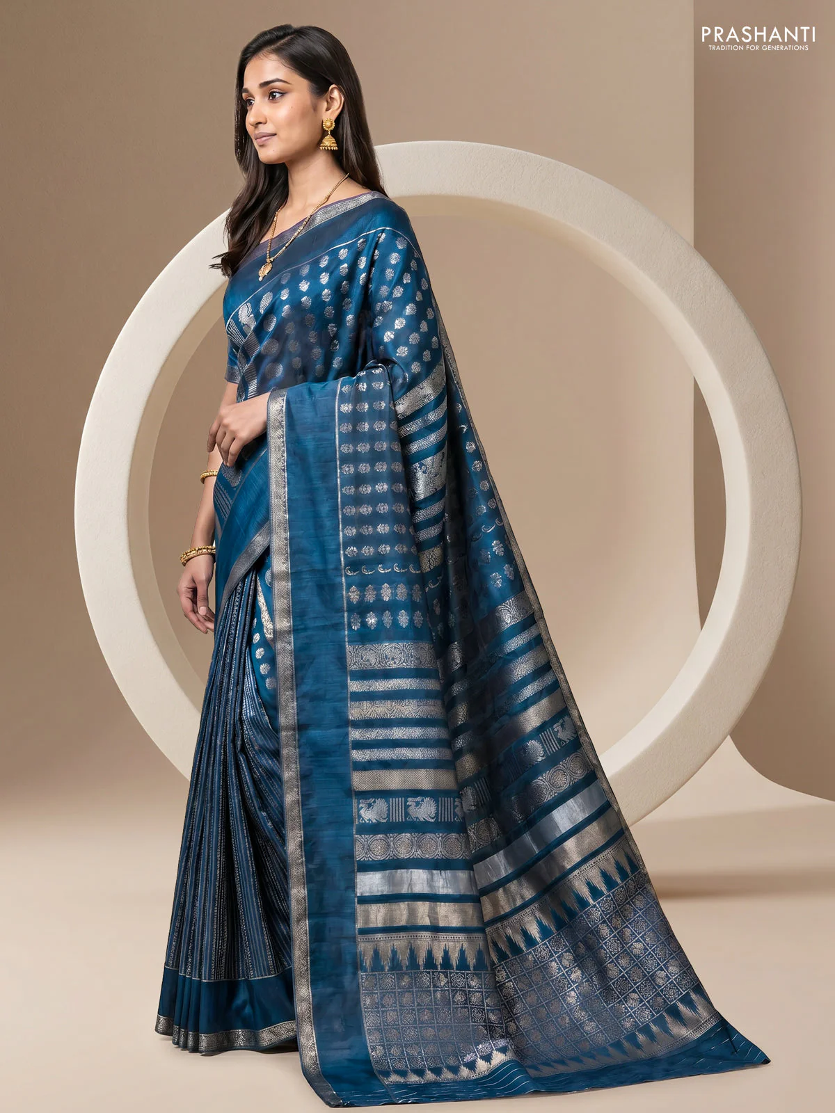 Semi kanchipuram partly saree peacock blue with allover silver & zari weaves and rettapet zari woven border - Image 2