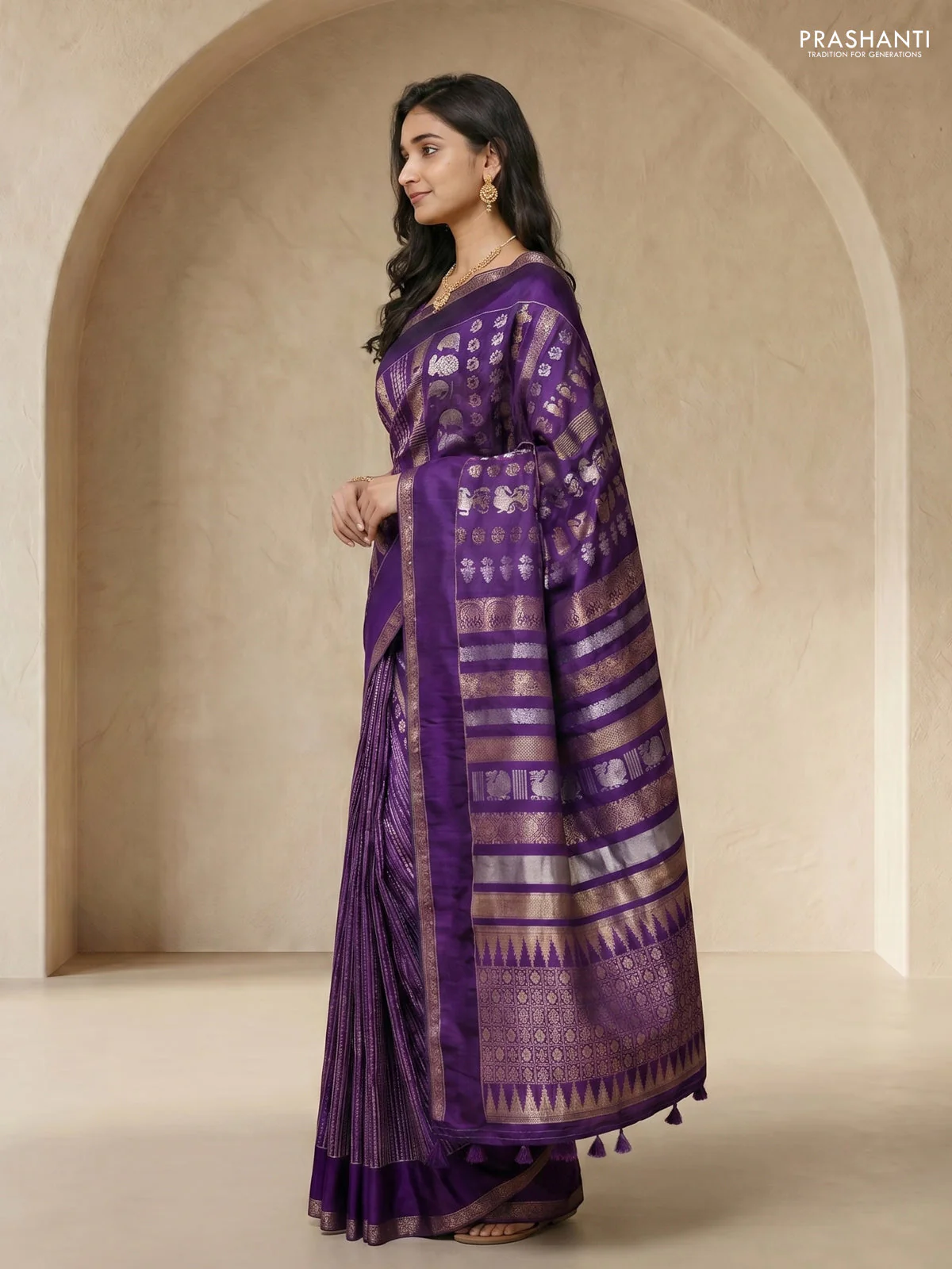 Semi kanchipuram partly saree purple with allover silver & zari weaves and rettapet zari woven border - Image 2