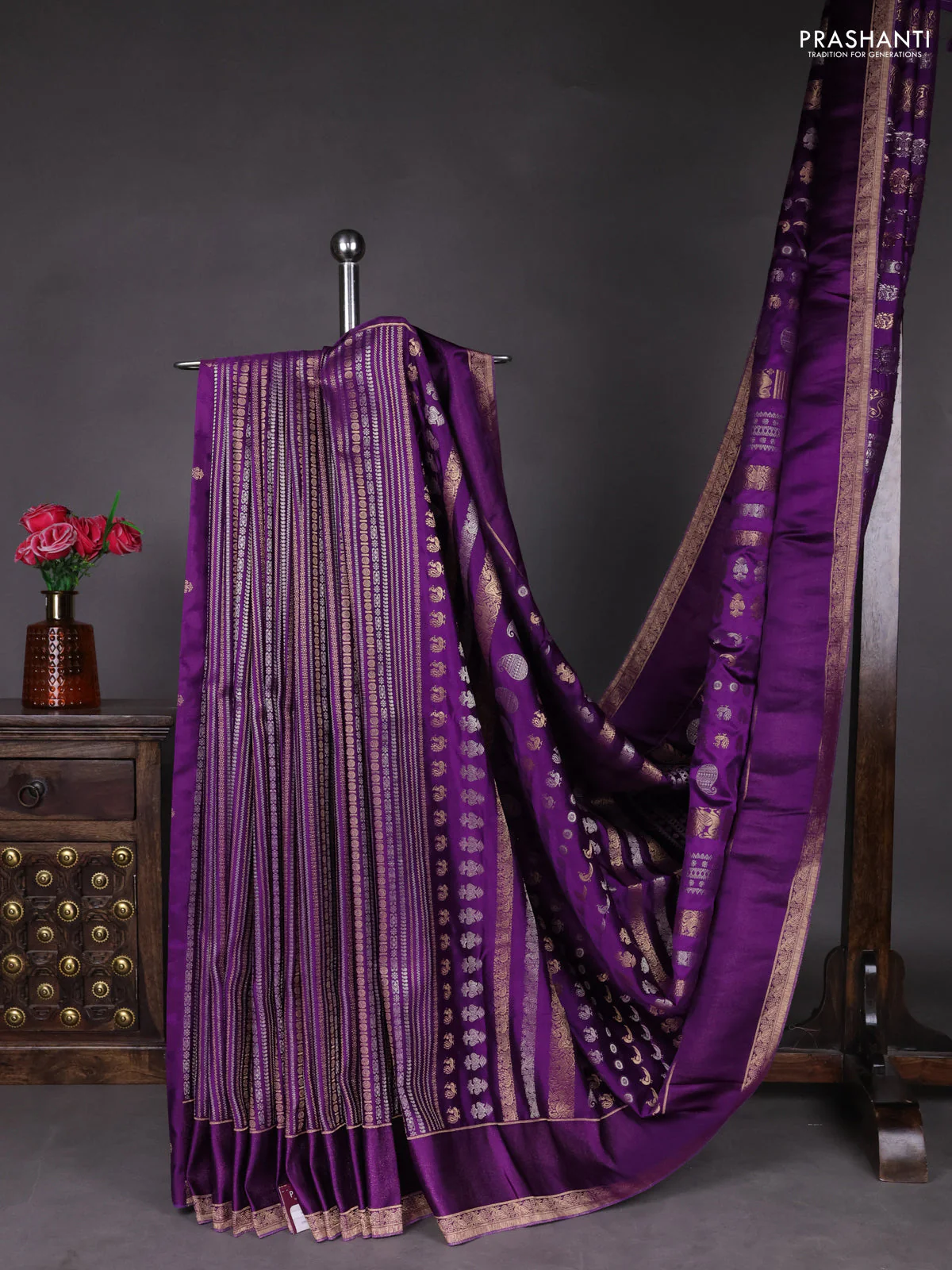 Semi kanchipuram partly saree purple with allover silver & zari weaves and rettapet zari woven border - Image 3
