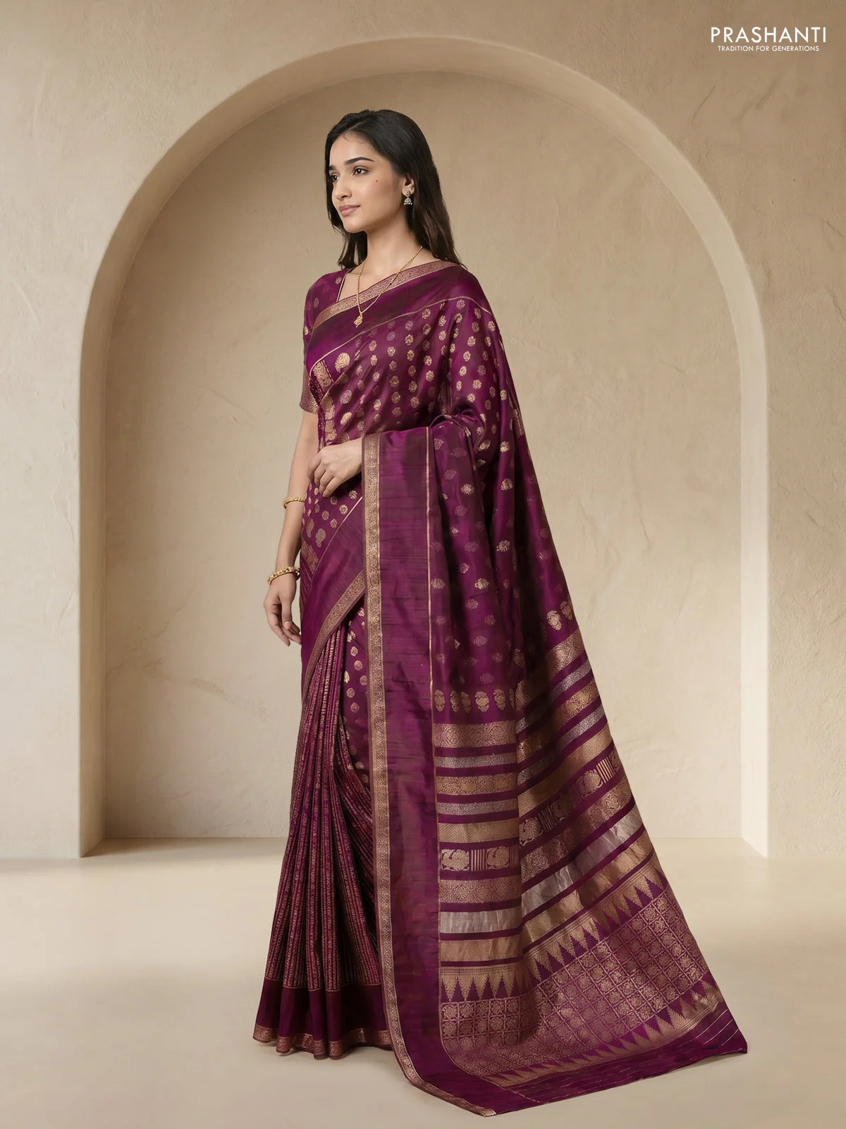 Semi kanchipuram partly saree wine shade with allover silver & zari weaves and rettapet zari woven border - Image 2