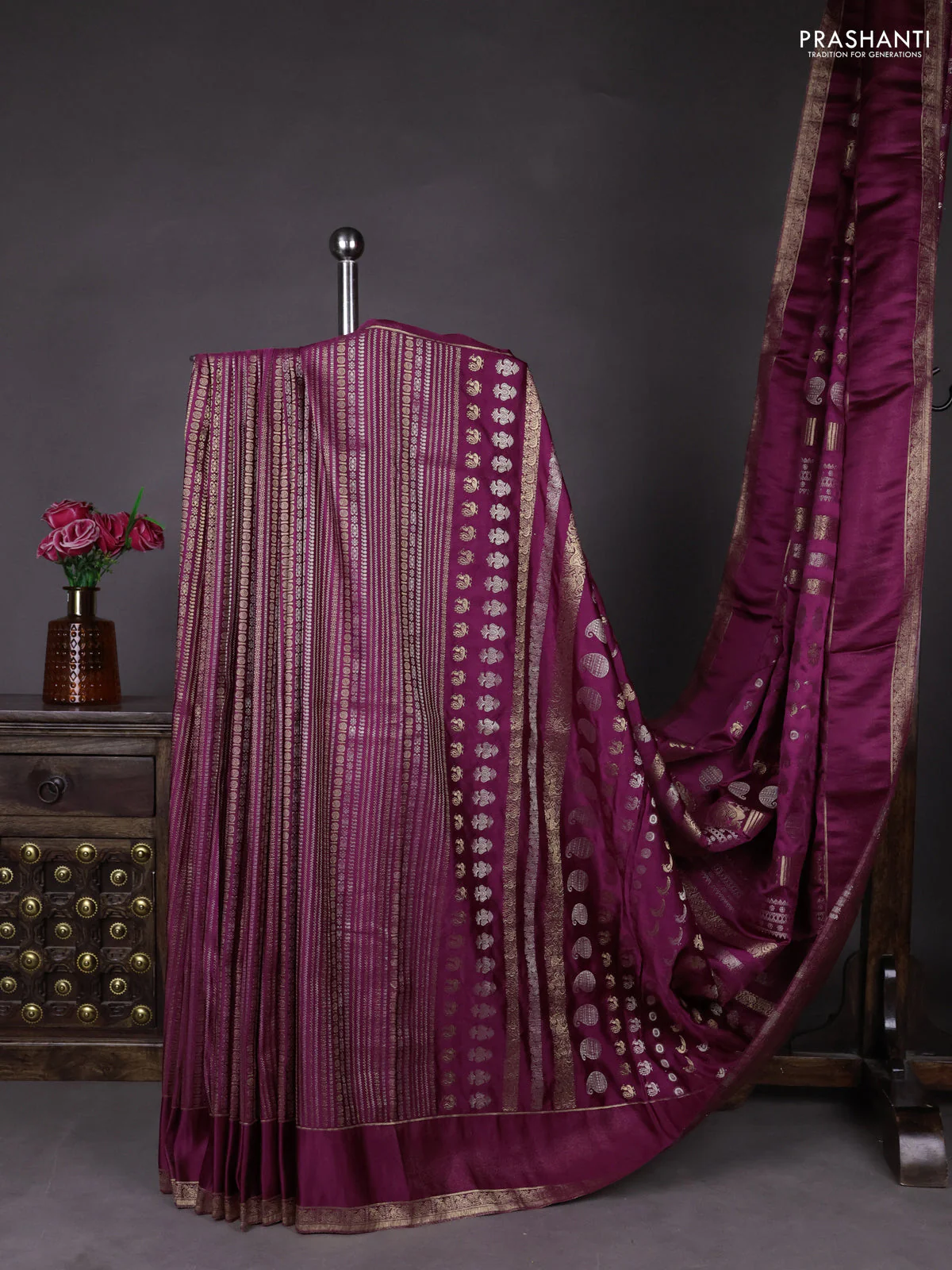 Semi kanchipuram partly saree wine shade with allover silver & zari weaves and rettapet zari woven border - Image 3