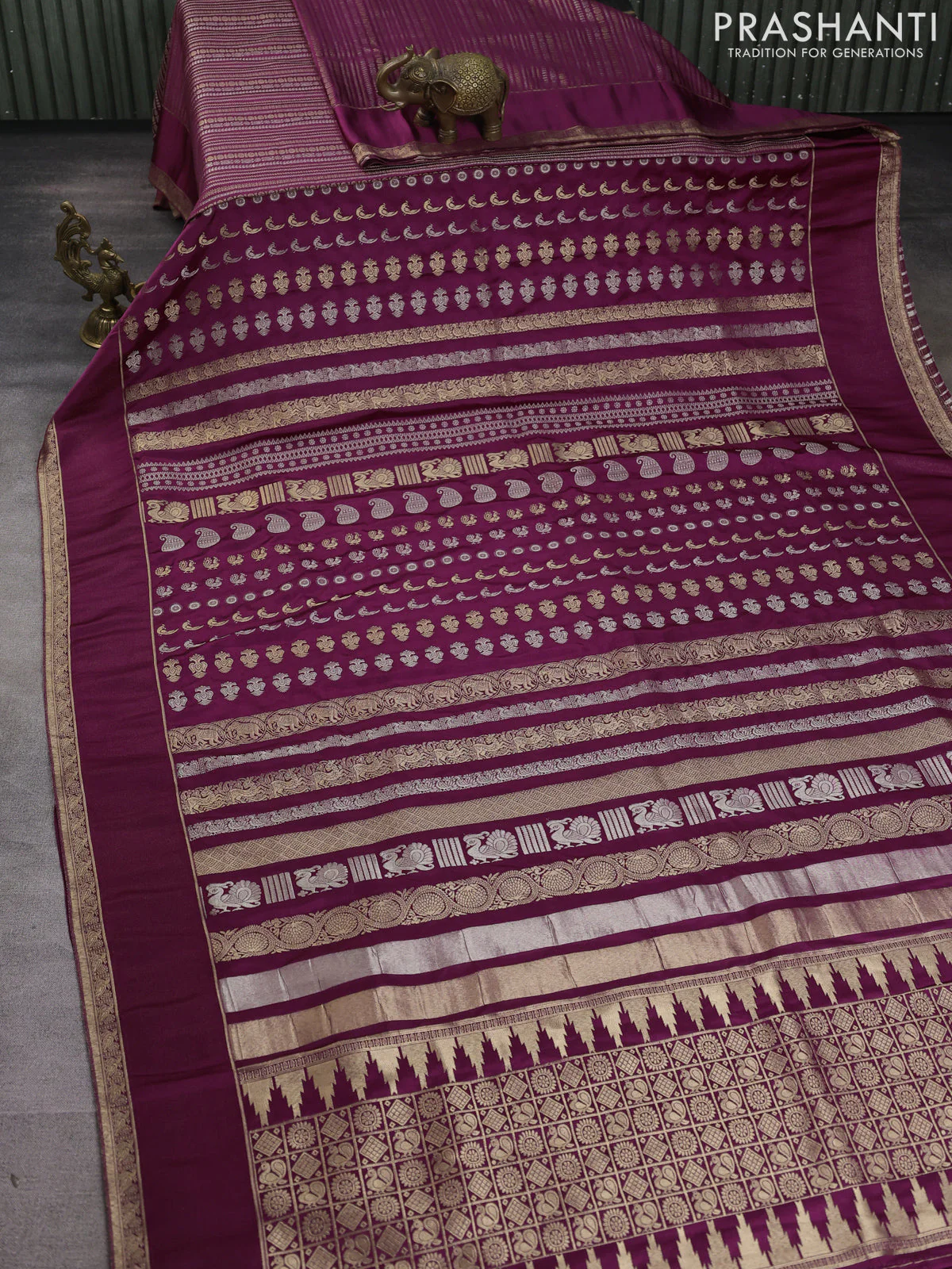 Semi kanchipuram partly saree wine shade with allover silver & zari weaves and rettapet zari woven border - Image 4