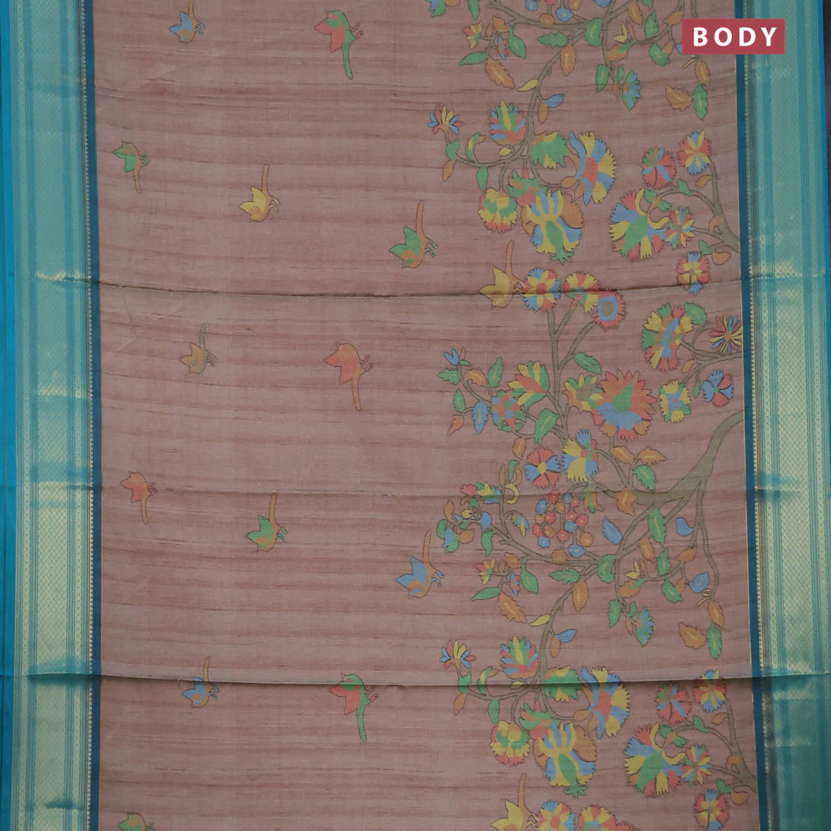 Semi kanchipuram silk saree beige and teal green with allover digital prints and zari woven border - Image 2