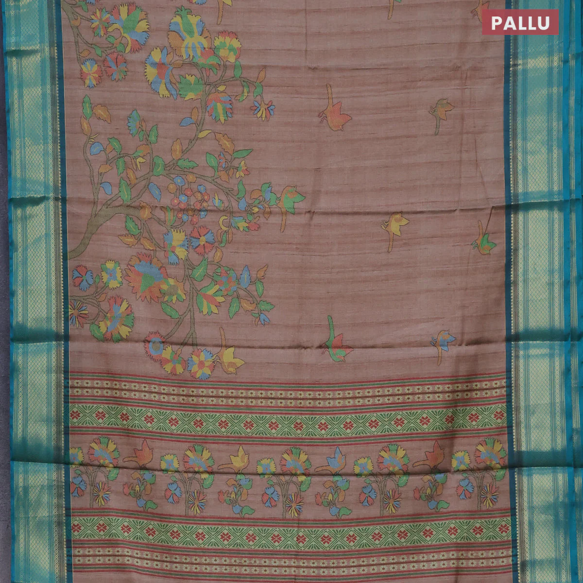 Semi kanchipuram silk saree beige and teal green with allover digital prints and zari woven border - Image 3