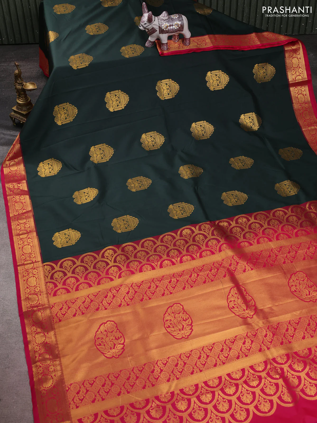 Semi kanchipuram silk saree bottle green and pink with zari woven buttas and zari woven korvai border - Image 2