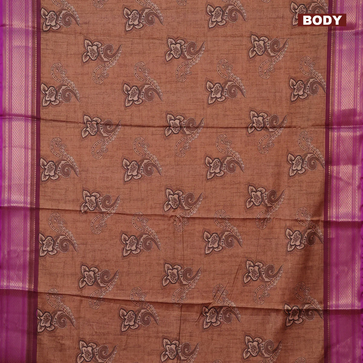 Semi kanchipuram silk saree brown and purple with allover floral butta prints and zari woven border - Image 2