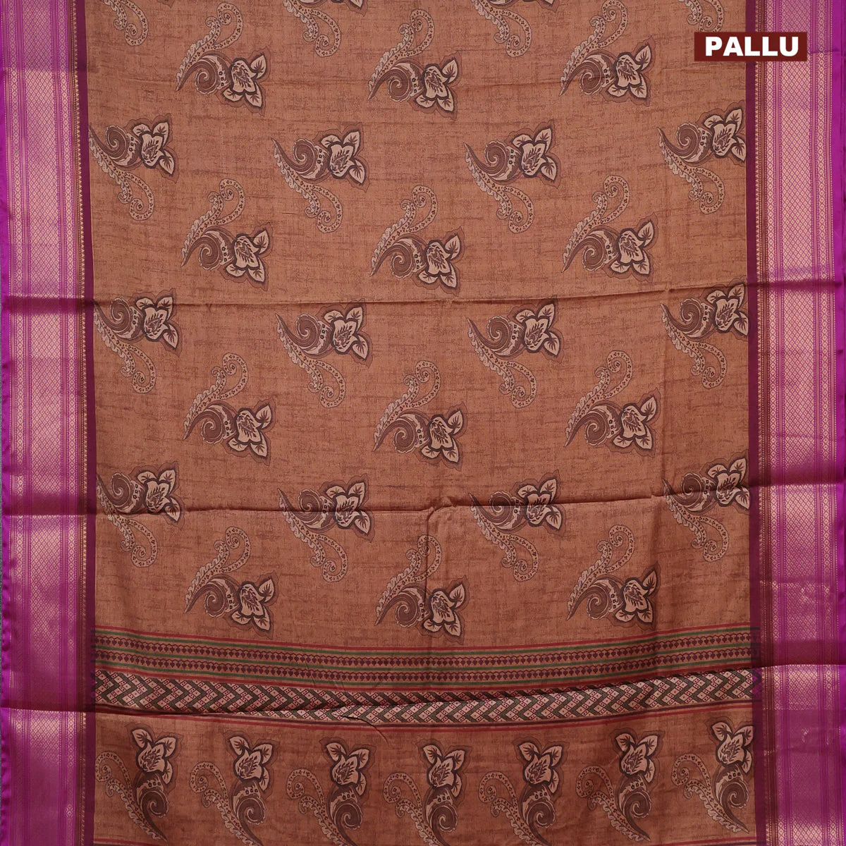 Semi kanchipuram silk saree brown and purple with allover floral butta prints and zari woven border - Image 3