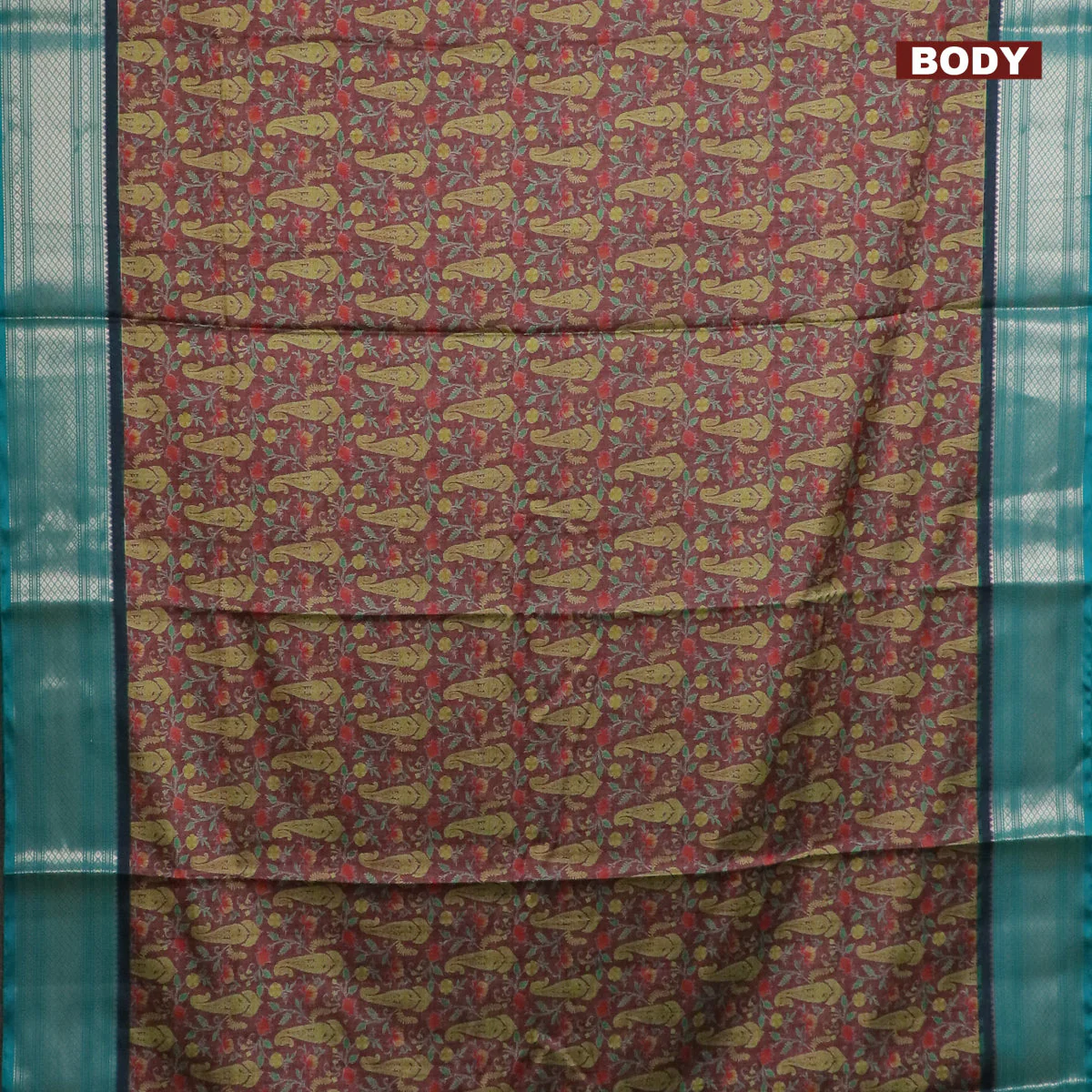 Semi kanchipuram silk saree brown and teal green with allover digital prints and zari woven border - Image 2