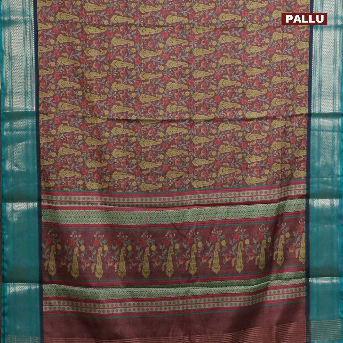 Semi kanchipuram silk saree brown and teal green with allover digital prints and zari woven border - Image 3
