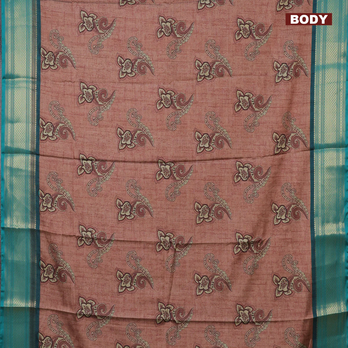 Semi kanchipuram silk saree brown and teal green with allover floral butta prints and zari woven border - Image 2
