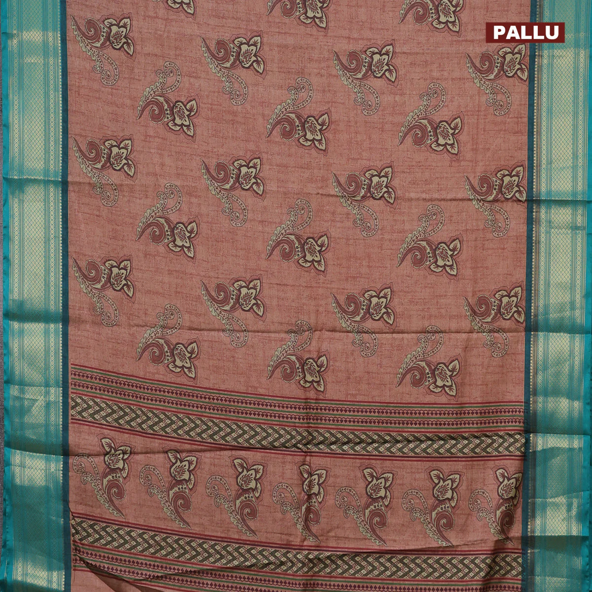 Semi kanchipuram silk saree brown and teal green with allover floral butta prints and zari woven border - Image 3