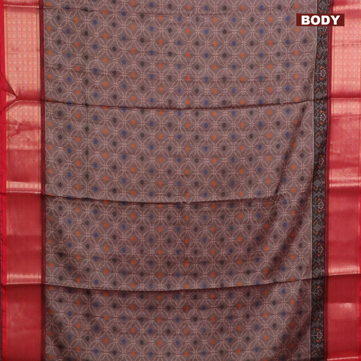 Semi kanchipuram silk saree brown shade and red with allover prints and zari woven border - Image 2