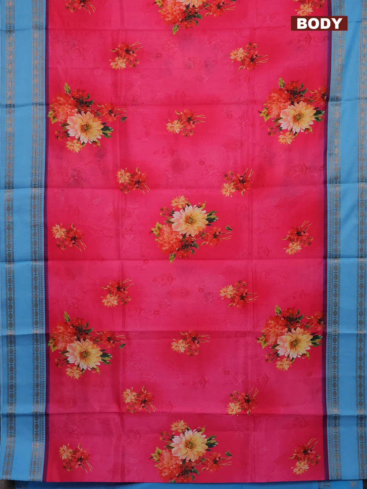 Semi kanchipuram silk saree candy pink and light blue with allover floral digital prints and rettapet woven border - Image 2