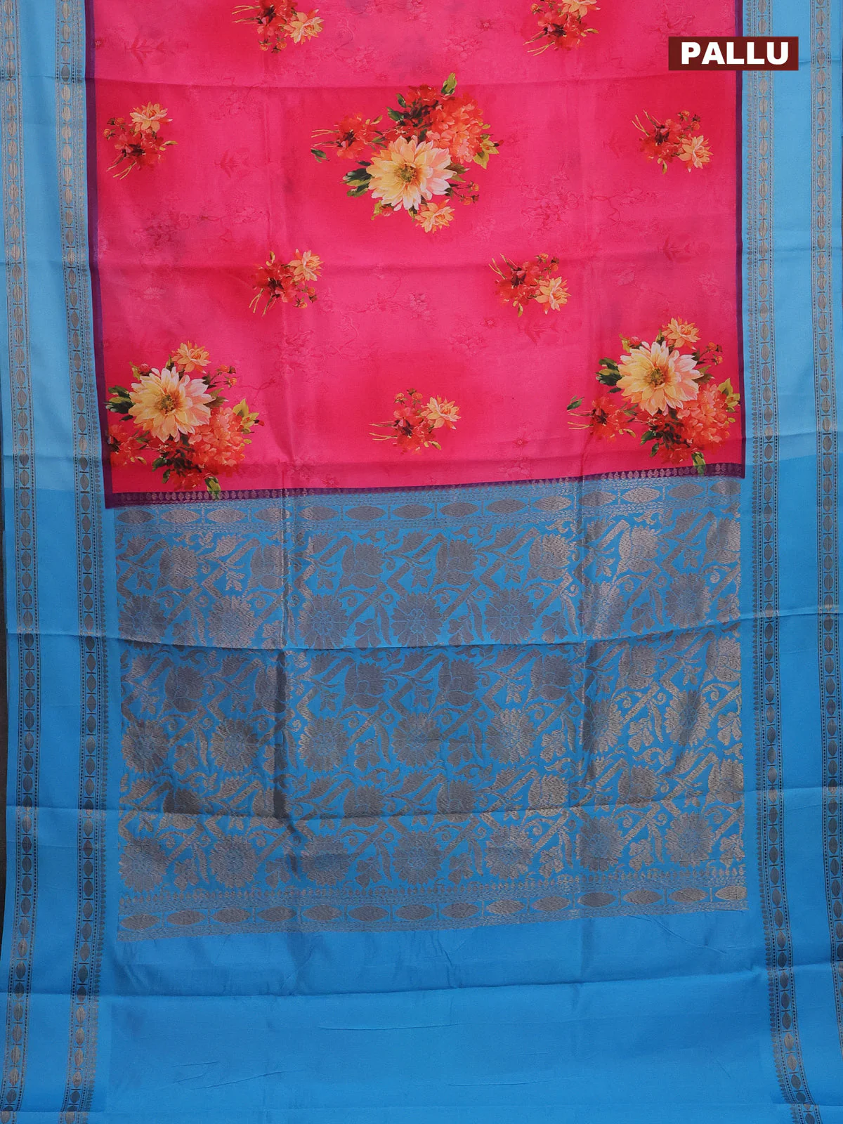 Semi kanchipuram silk saree candy pink and light blue with allover floral digital prints and rettapet woven border - Image 3