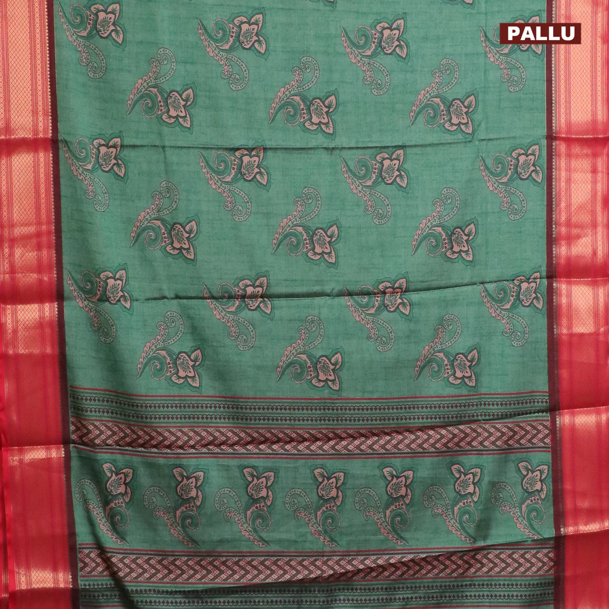 Semi kanchipuram silk saree green and red with allover floral butta prints and zari woven border - Image 3