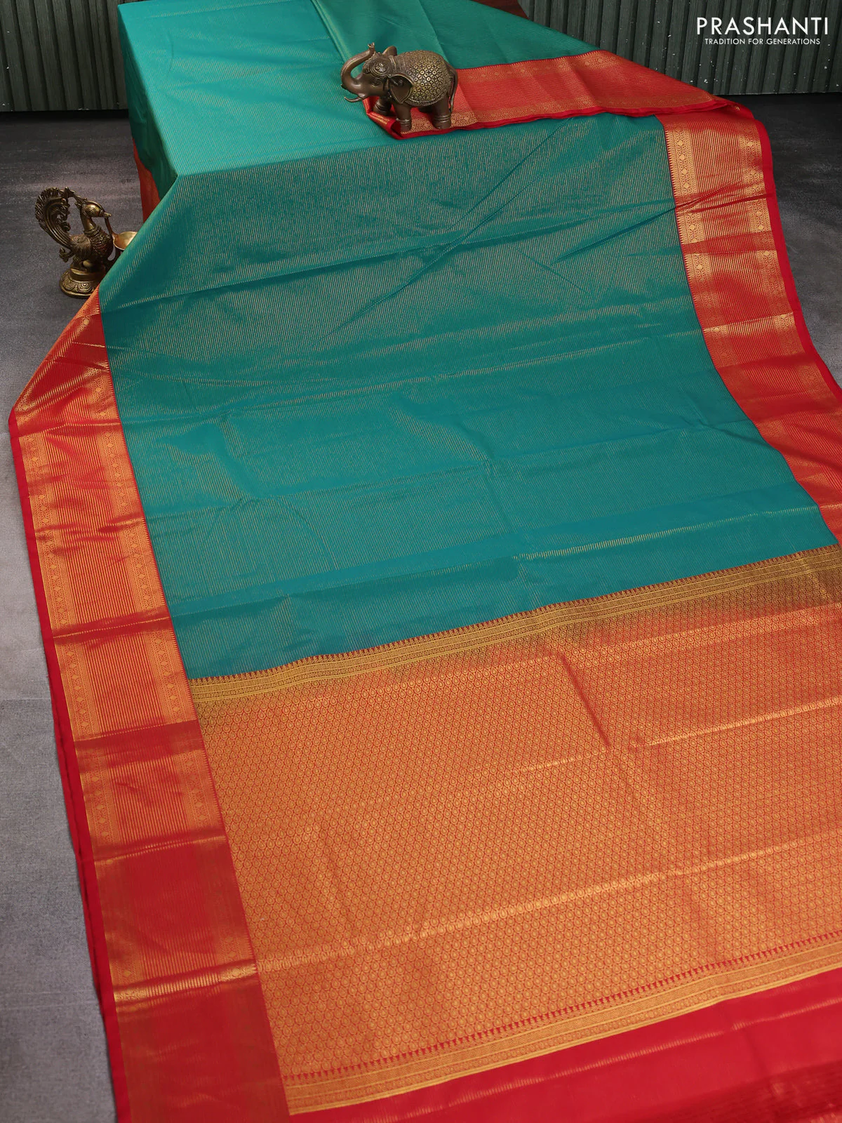 Semi kanchipuram silk saree green and red with allover zari weaves and rich zari woven border - Image 2