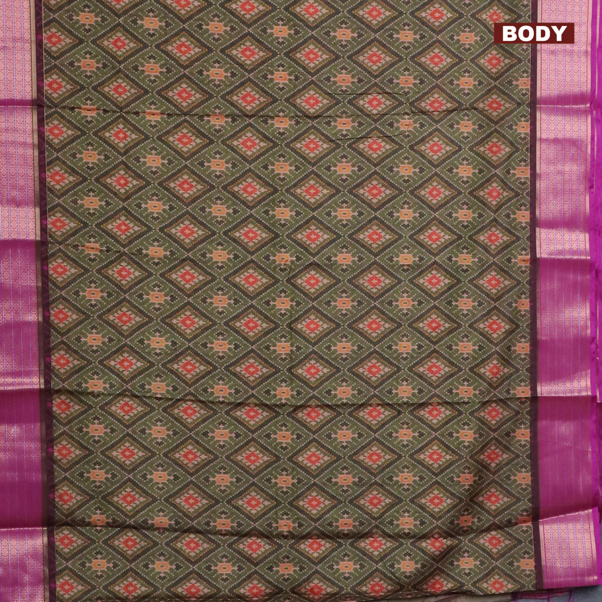 Semi kanchipuram silk saree green shade and purple with allover ikat digital prints and zari woven border - Image 2
